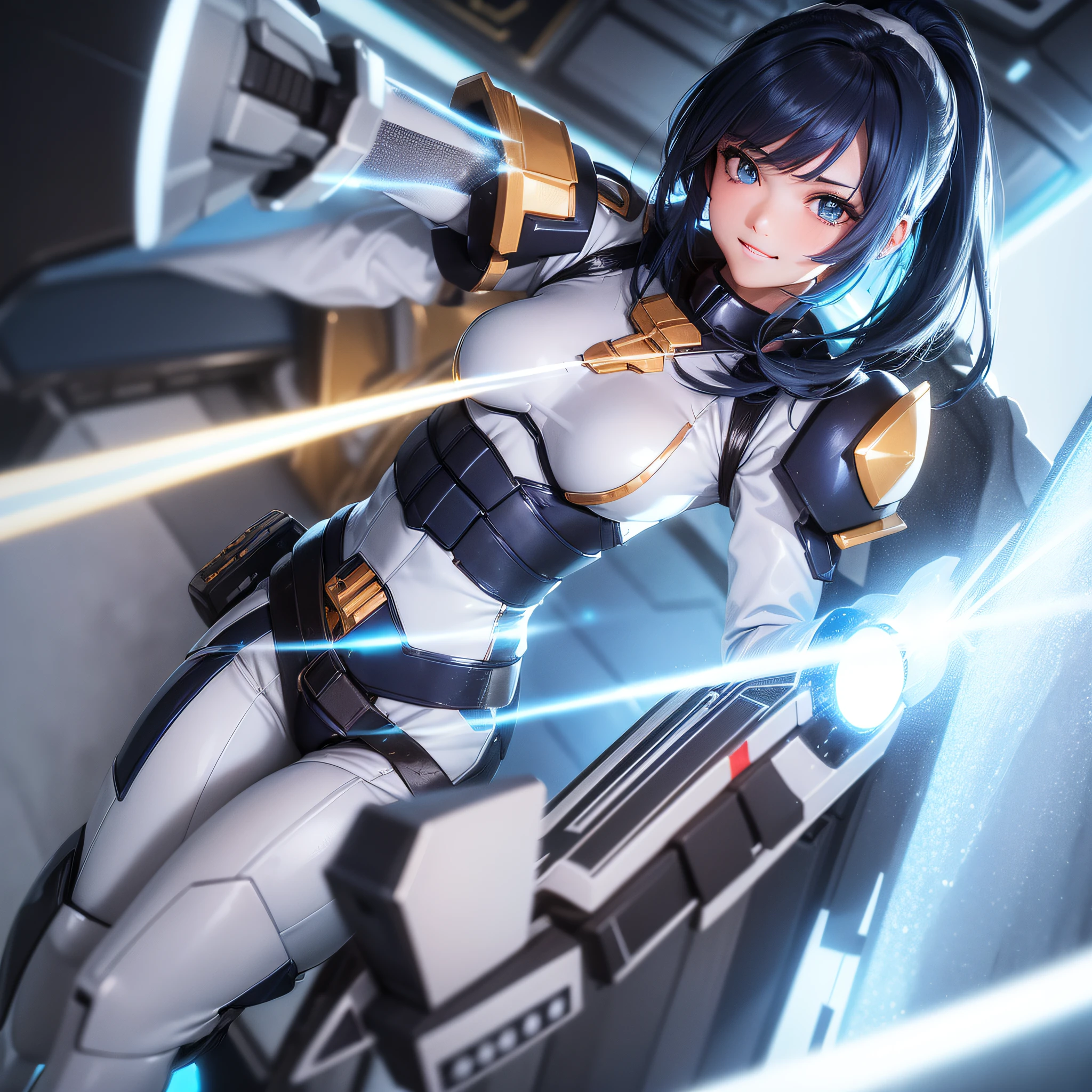 Dark blue hair, short ponytail, shining eyes, happy, cheek poke, high detail, cinematic lighting, ray tracing, drop shadows, from behind, eye level shot, super detail, high quality, 4K, (masterpiece, top quality, distinct_image, very elaborate CG, detailed details, (photorealistic: 1.4), High quality textures, fine-grained, realistic face expression: (Solo, Solo Girl, Japan Face, Blue Haired Girl, Full Body, Watch Viewer, Up Ponytail, Small Size Breasts, Sparkly Blue Color Eyes, Pilot Suit in White and Blue and Black Colors, Tight Fit Clothes, Full Body Covering Clothes, Beauty, Cuteness, Slim Body, Exoskeleton, Dynamic Angle, Dynamic Pose , Light on Face, white and blue and black metal armor, heroine, helmet, boots, light smile, golden hour lighting, detailed Gundam cockpit of a solo ride)