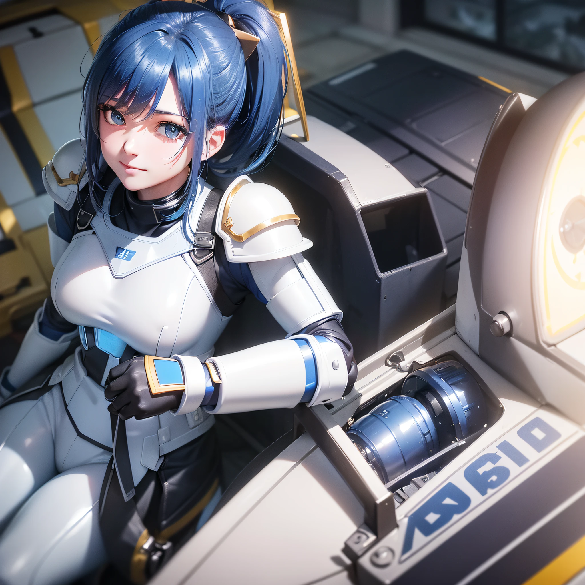 Dark blue hair, short ponytail, shining eyes, happy, cheek poke, high detail, cinematic lighting, ray tracing, drop shadows, from behind, eye level shot, super detail, high quality, 4K, (masterpiece, top quality, distinct_image, very elaborate CG, detailed details, (photorealistic: 1.4), High quality textures, fine-grained, realistic face expression: (Solo, Solo Girl, Japan Face, Blue Haired Girl, Full Body, Watch Viewer, Up Ponytail, Small Size Breasts, Sparkly Blue Color Eyes, Pilot Suit in White and Blue and Black Colors, Tight Fit Clothes, Full Body Covering Clothes, Beauty, Cuteness, Slim Body, Exoskeleton, Dynamic Angle, Dynamic Pose , Light on Face, white and blue and black metal armor, heroine, helmet, boots, light smile, golden hour lighting, detailed Gundam cockpit of a solo ride)
