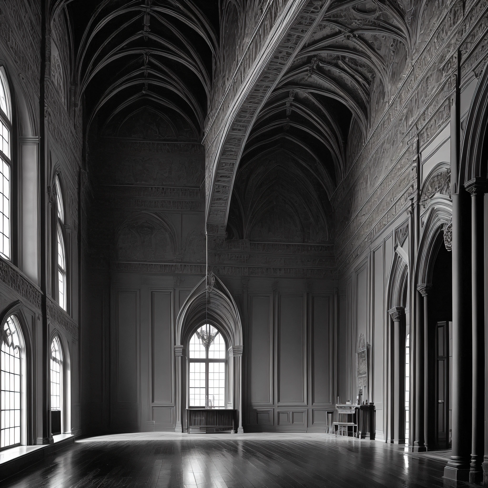 black and white large room in the Gothic style, a gloomy demon sits
