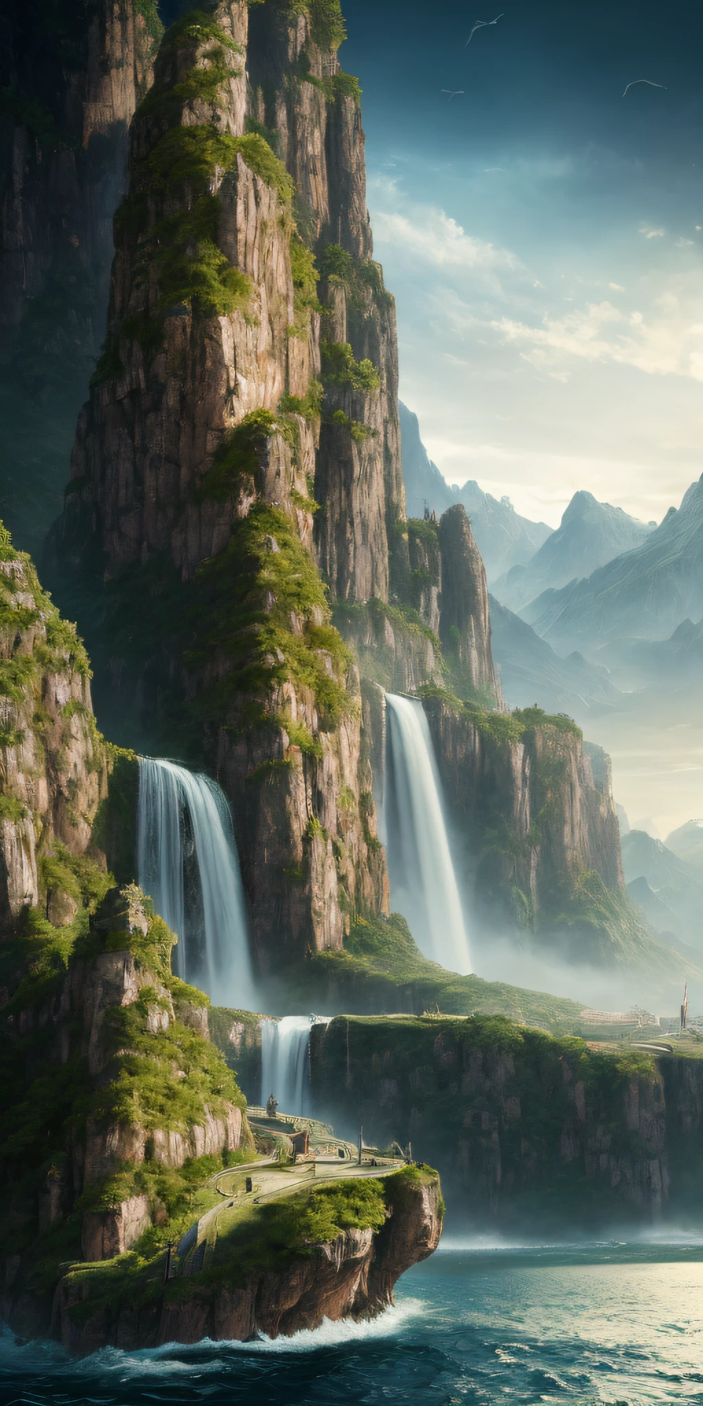masterpiece, best quality, high quality, extremely detailed CG unity 8k wallpaper, scenery, outdoors, sky, cloud, day, no humans, mountain, landscape, water, tree, blue sky, waterfall, cliff, nature, lake, river, cloudy sky,award winning photography, Bokeh, Depth of Field, HDR, bloom, Chromatic Aberration ,Photorealistic,extremely detailed, trending on artstation, trending on CGsociety, Intricate, High Detail, dramatic, art by midjourney