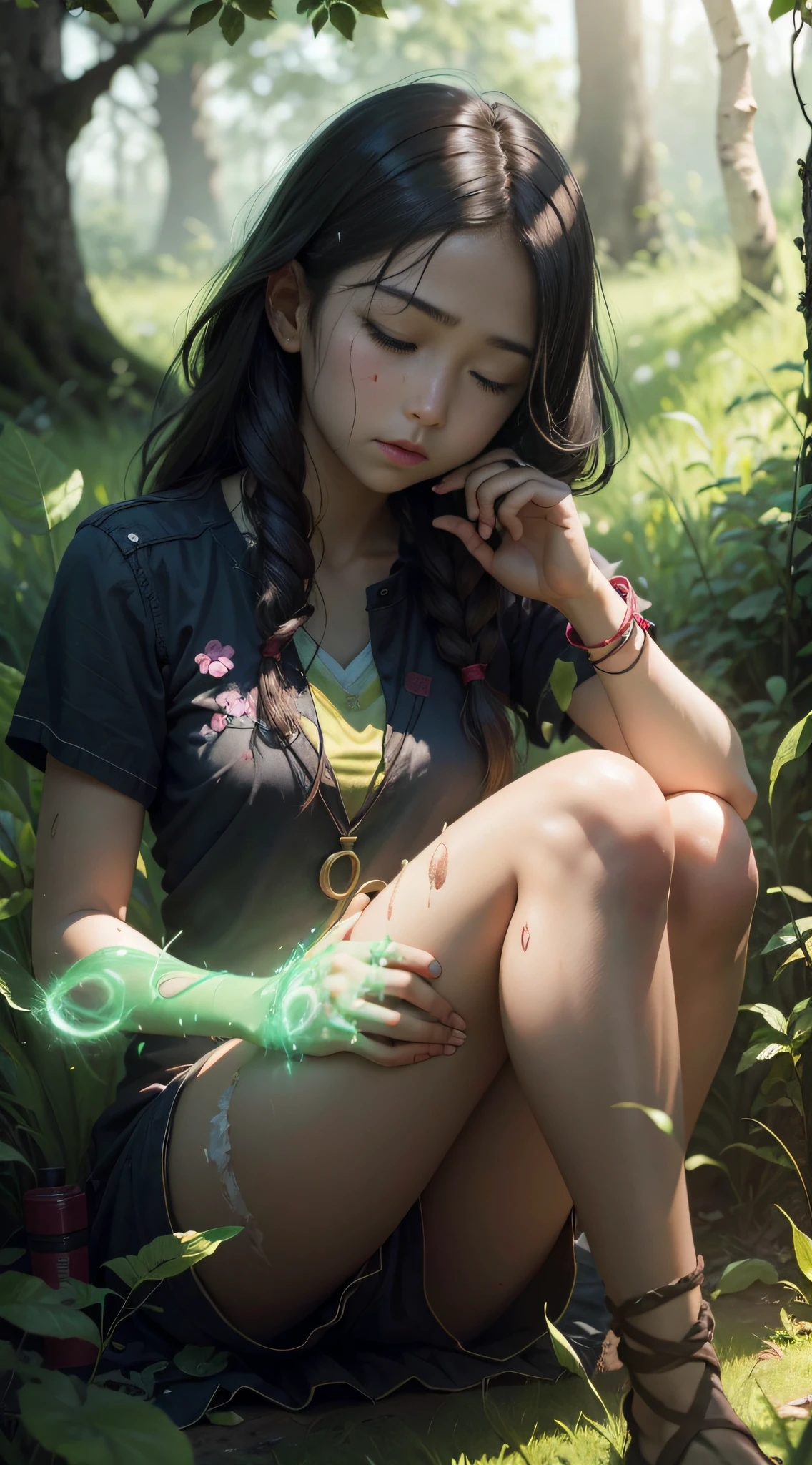 A young girl sits on the grass with an ankle injury, she draws energy from the surrounding grass, wounds, and closes her eyes