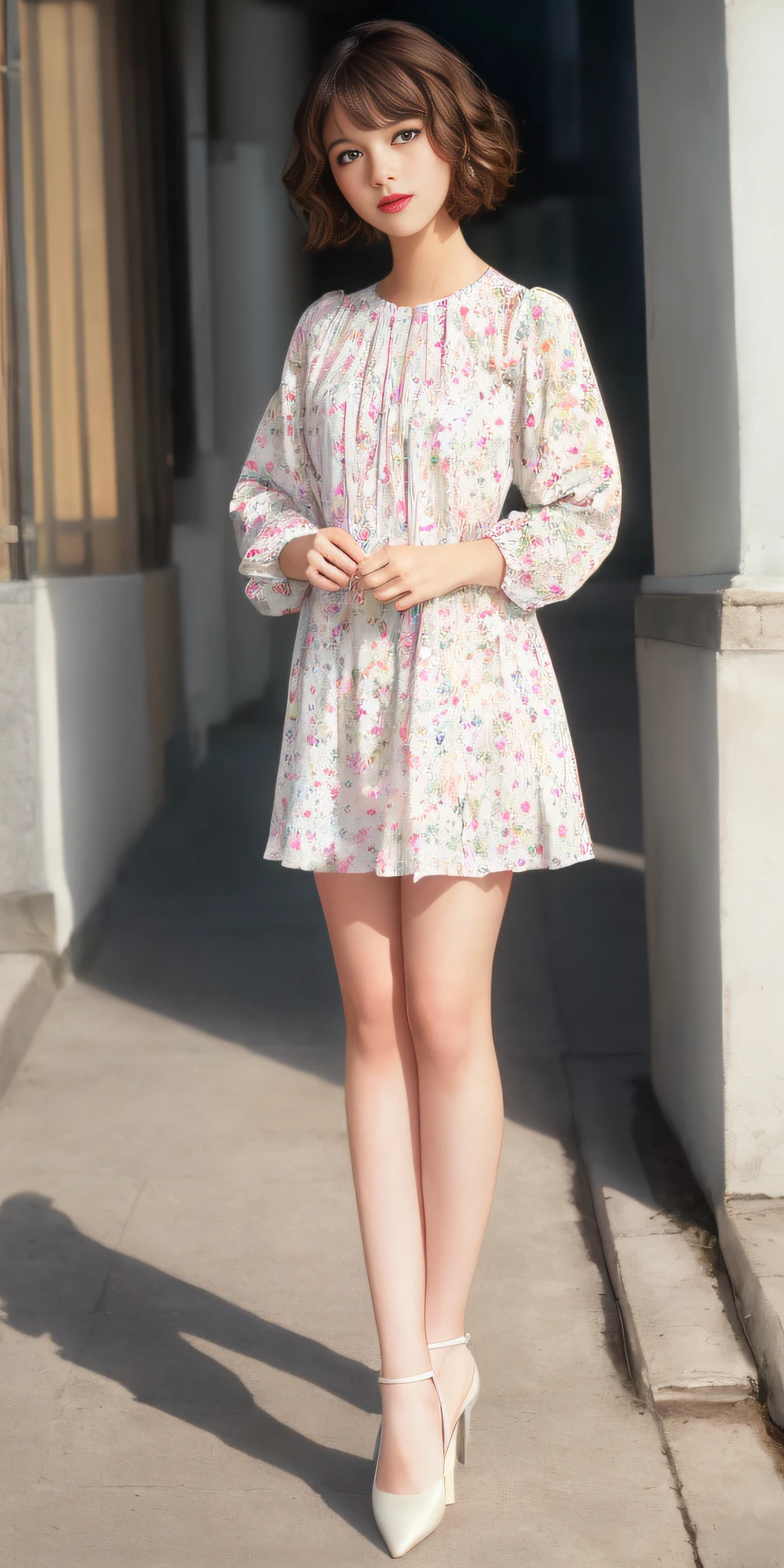 (Sweet Lolita: 1.2), (Flower print: 1.2), (white long sleeves), leather shoes, 1 girl, full body, high heels, (short hair: 1.1), (realistic: 1.7), (best quality)), ridiculous, (ultra high resolution), (realistic: 1.6), realistic, octane rendering, (surreal: 1.2), (realistic face: 1.2), (8k), (4k), (masterpiece), (realistic skin texture), (illustration, movie lighting), (beautiful eyes: 1.2), (perfect face)))), (cute), (standing), (brunette hair), (short hair), dark eyes, red lips, (street),