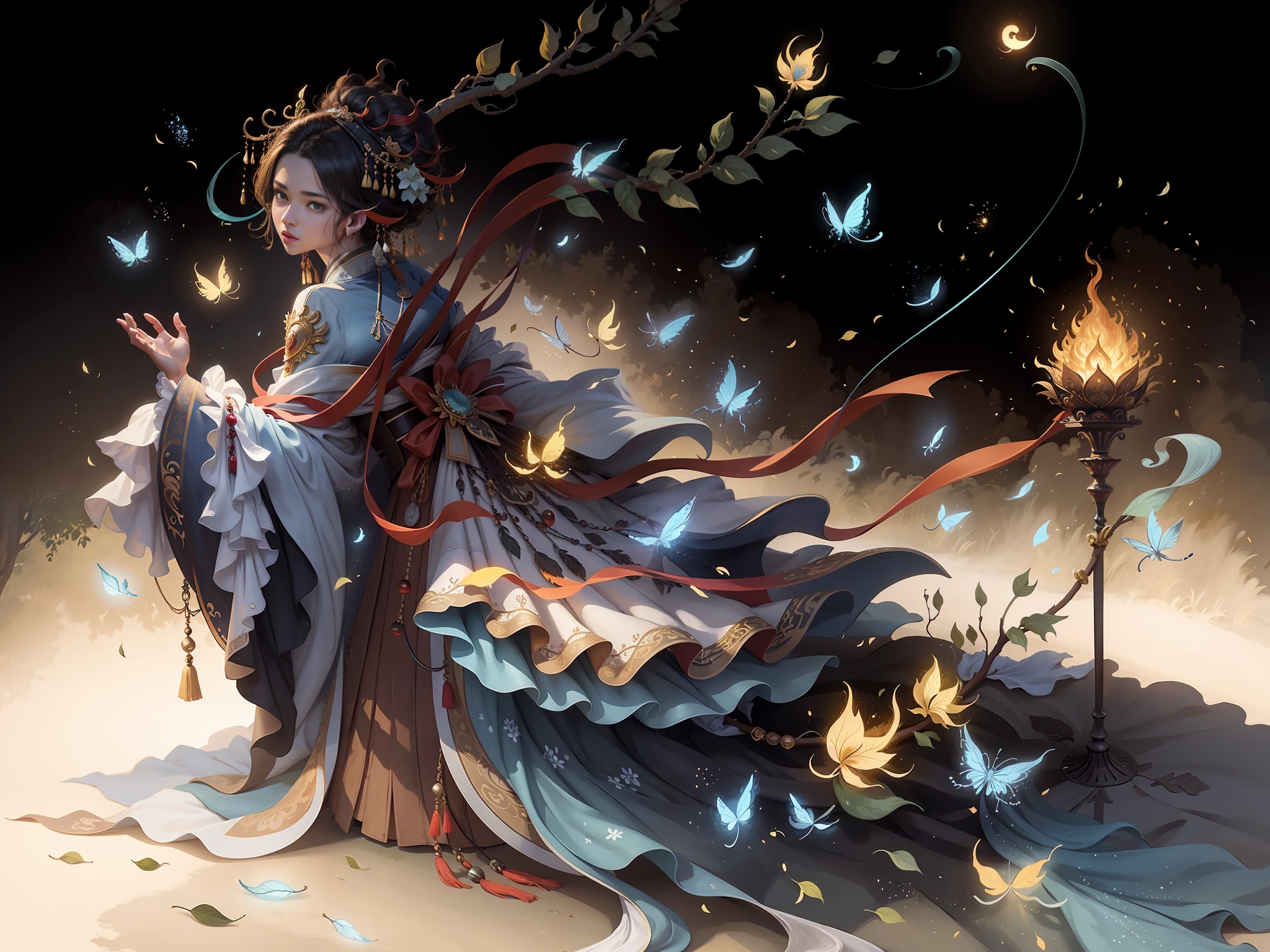 Masterpiece, best quality, a beautiful woman, ancient Chinese imperial robe, majestic domineering, graceful standing, phoenix eyes, phoenix feathers, sunshine, clear face, masterpiece, super detail, movie composition, ultra hd, high quality, extremely detailed, official art, uniform 8k wallpaper, super detail, (very detailed CG unity 8k wallpaper), (best quality), (best illustration), (best shadow), UI interface border design with natural elements forest theme. Avatar frame designed as round, surrounded by delicate leaves and branches, with fireflies and glowing particle effects, (UI interface box design), (natural elements), (jungle theme), (square), (leaves), (branches), (fireflies), butterflies, (delicate leaves), (glow), (particle effects), isometric 3D, Octane rendering, ray tracing, super detailed