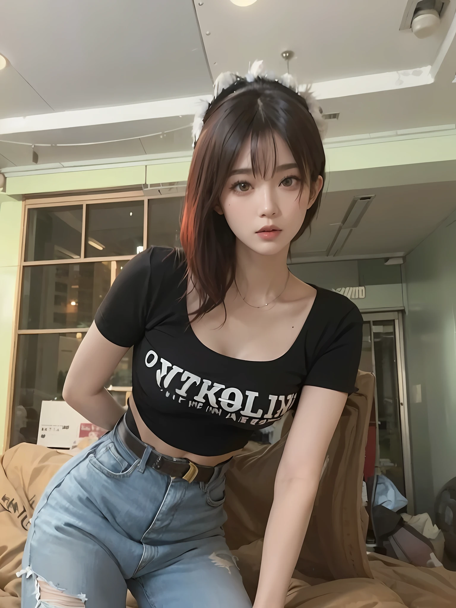 1girl, Tokyo Street, Night, Cityscape, City Lights, Upper Body, Close-up, 8k, RAW Photo, Best Quality, Masterpiece, Realism, Realism, Red Rose Headdress, Split Bangs, Short Hair, Big Waves, White Hair Color,