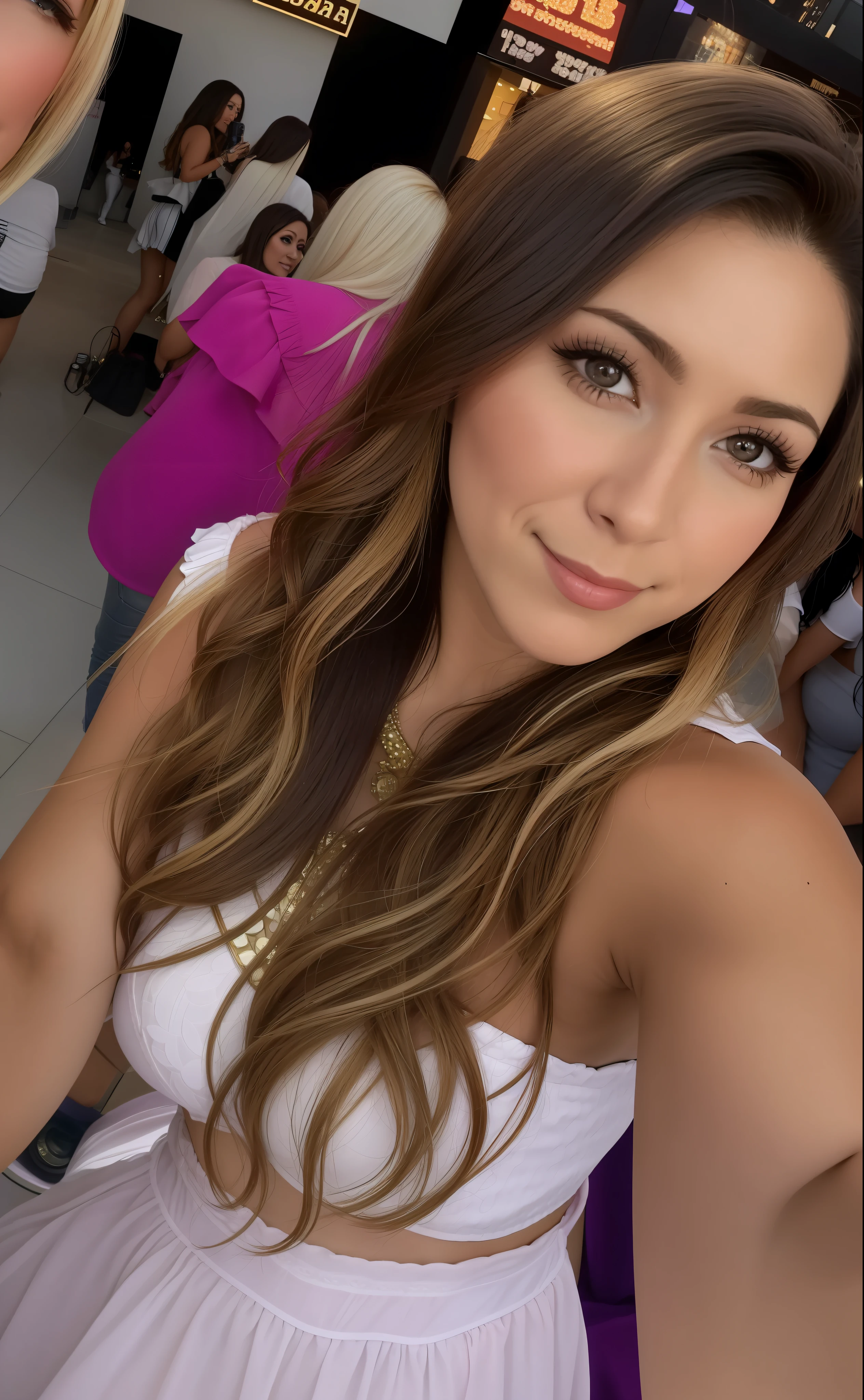 arafed woman taking a selfie with a camera phone in front of a crowd, 3 0 years old woman, 30 years old woman, ayahausca, brunette with dyed blonde hair, violet myers, marischa becker, about 3 5 years old, lorena avarez, alanis guillen, fernanda suarez, angie glocka, profile image