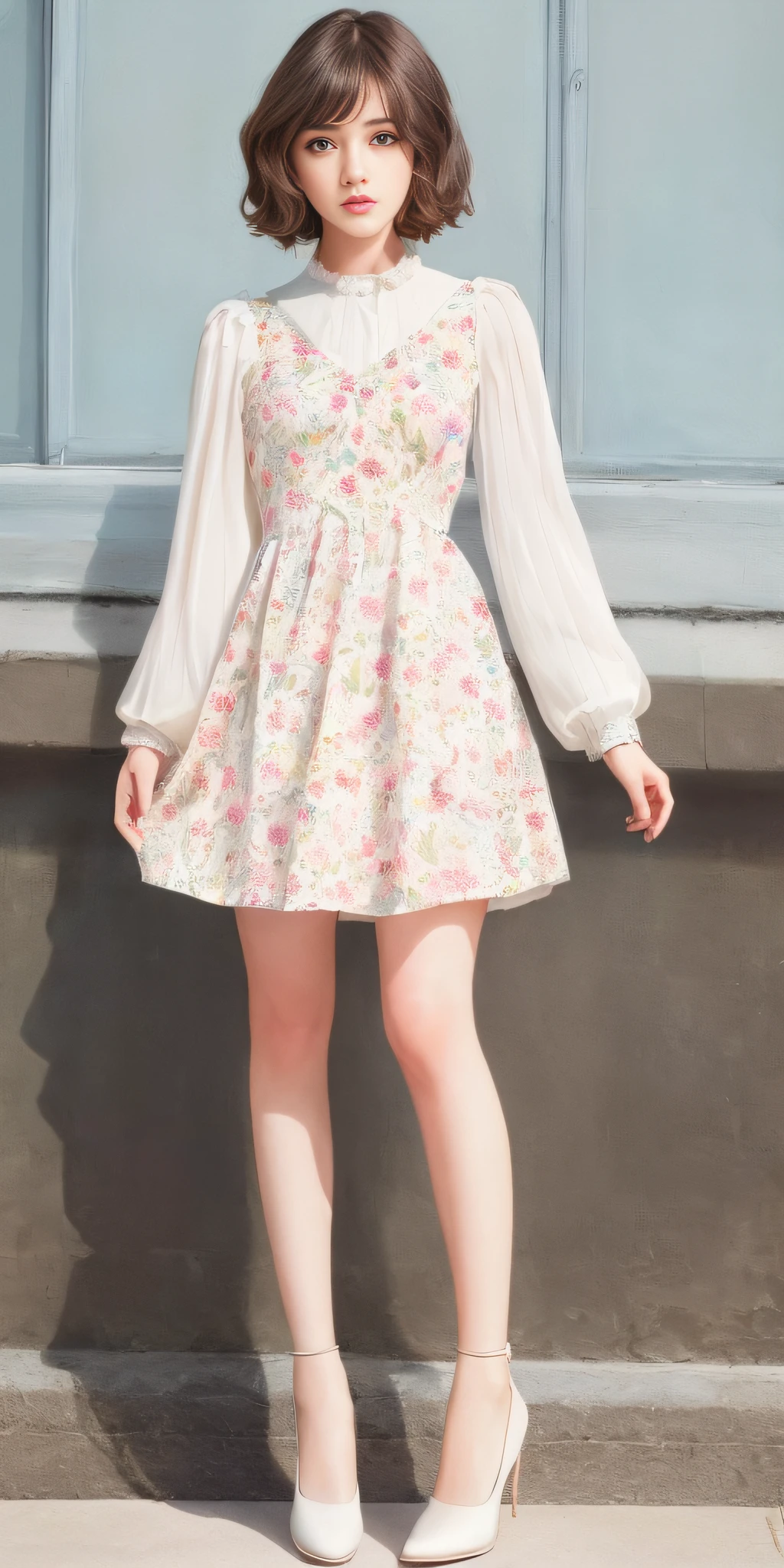(Sweet Lolita: 1.2), (Flower print: 1.2), (white long sleeves), leather shoes, 1 girl, full body, high heels, (short hair: 1.1), (realistic: 1.7), (best quality)), ridiculous, (ultra high resolution), (realistic: 1.6), realistic, octane rendering, (surreal: 1.2), (realistic face: 1.2), (8k), (4k), (masterpiece), (realistic skin texture), (illustration, movie lighting), (beautiful eyes: 1.2), (perfect face)))), (cute), (standing), (brunette hair), (short hair), dark eyes, red lips, (street),