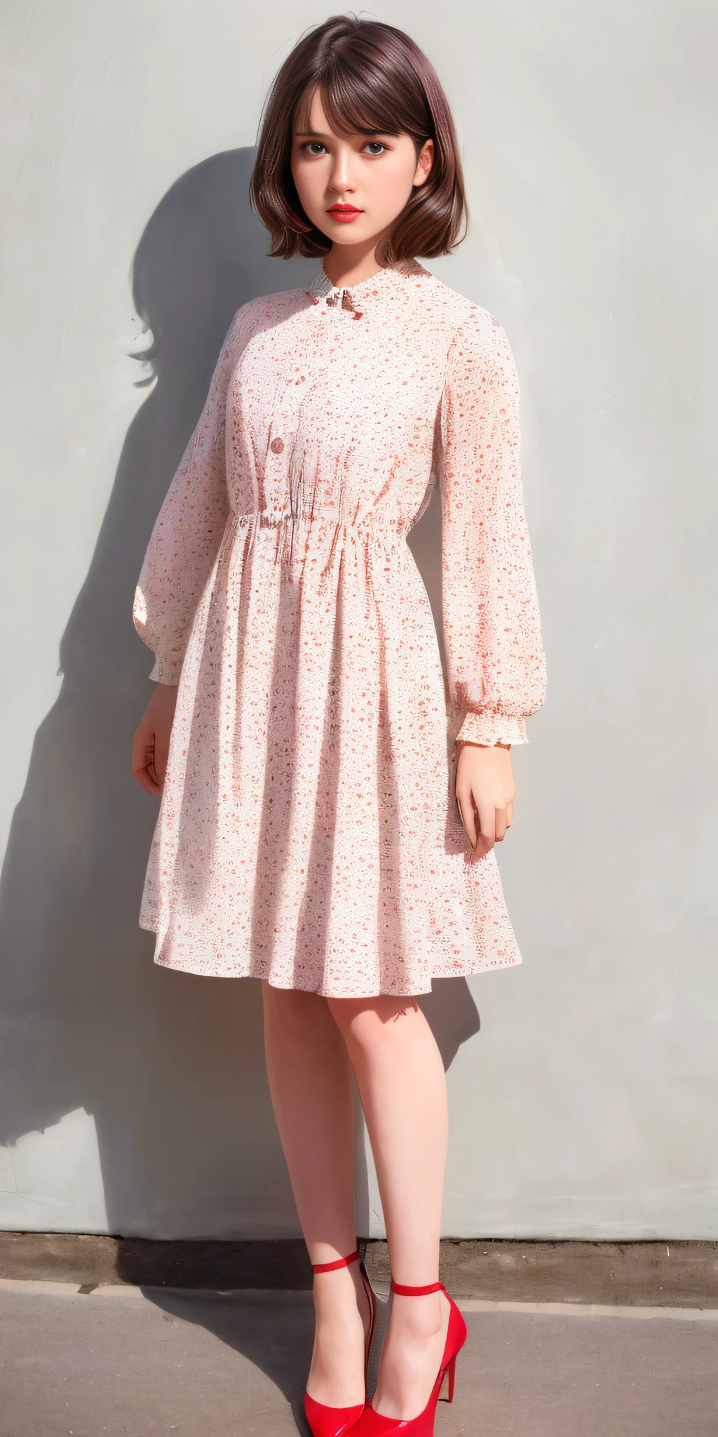 (Sweet Lolita: 1.2), (Flower print: 1.2), (white long sleeves), leather shoes, 1 girl, full body, high heels, (short hair: 1.1), (realistic: 1.7), (best quality)), ridiculous, (ultra high resolution), (realistic: 1.6), realistic, octane rendering, (surreal: 1.2), (realistic face: 1.2), (8k), (4k), (masterpiece), (realistic skin texture), (illustration, movie lighting), (beautiful eyes: 1.2), (perfect face)))), (cute), (standing), (brunette hair), (short hair), dark eyes, red lips, (street),