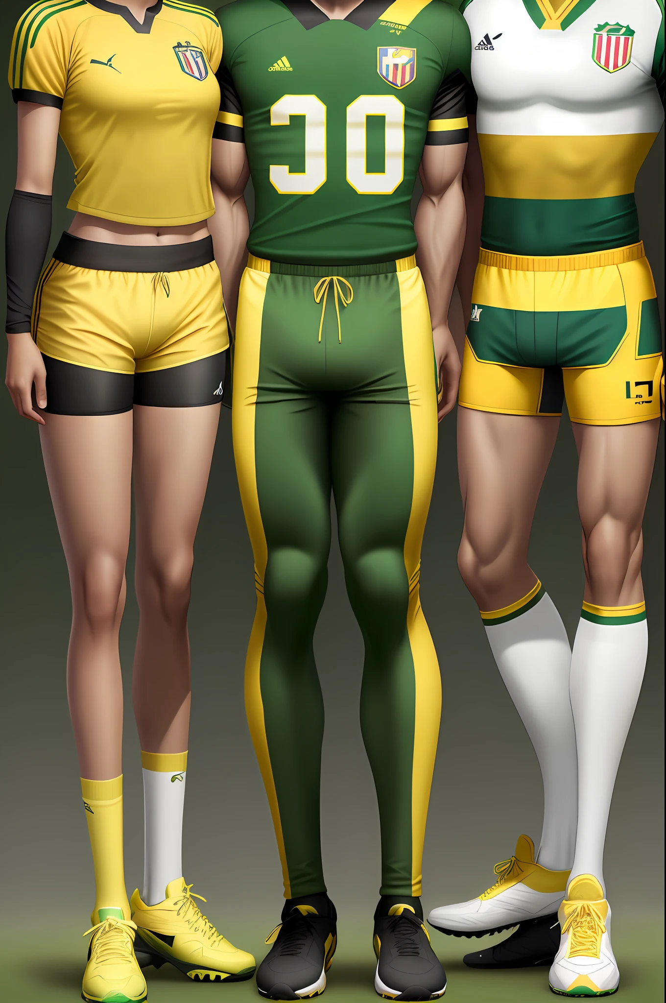 Create a football team uniform with the following characteristics: Team name: Amapá Atlético Clube 

Colors: Dark green and gold-yellow
Uniforms:
For Amazonianos F.C. uniforms, I suggest the following options:

Titular uniform:
- Dark green shirt with yellow-gold details on the sleeves and collar.
- White shorts with green and yellow details.
- Green socks with horizontal stripes in yellow-gold.

Reserve uniform:
- Yellow-gold shirt with dark green details on the sleeves and collar.
- Dark green shorts with yellow-gold details.
- Golden-yellow socks with horizontal stripes in dark green.