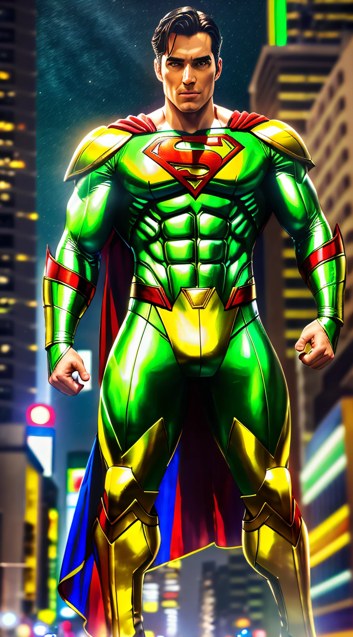 Full body photo of man with Superman costume, green and yellow costume, with green and yellow Superman mask, looking at central camera, perfect composition, beautiful detailed, 8K artistic photography, photorealistic concept art, soft natural volumetric perfect night light, award-winning photography, masterpiece, highly detailed, daytime city background, day, flying, Rio de Janeiro