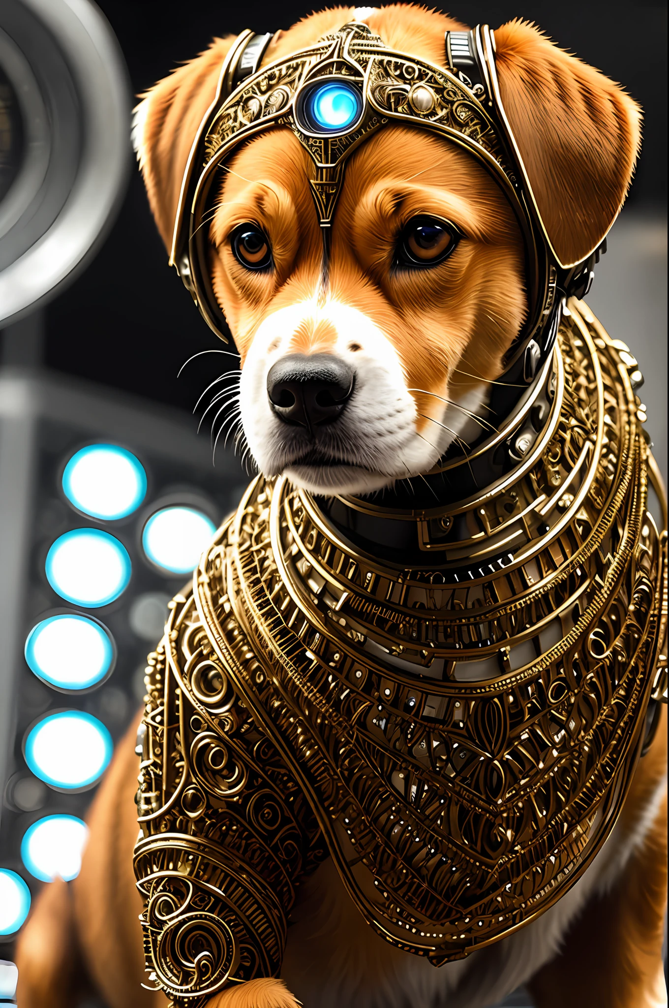 A cute beagle (made of metal:0.7), (cyborg:1.1), ([tail | detailed wire]:1.3), (intricate details), HDR, (intricate details, hyperdetailed:1.2), (((cinematic shot:1.6))), vignette, centered, brown eyes, glow looking at the viewer, (without looking at the camera:1.3), head facing right, Canon EF 70-200mm 1.4, (there are no metal parts in the head:0.6), looking at another,