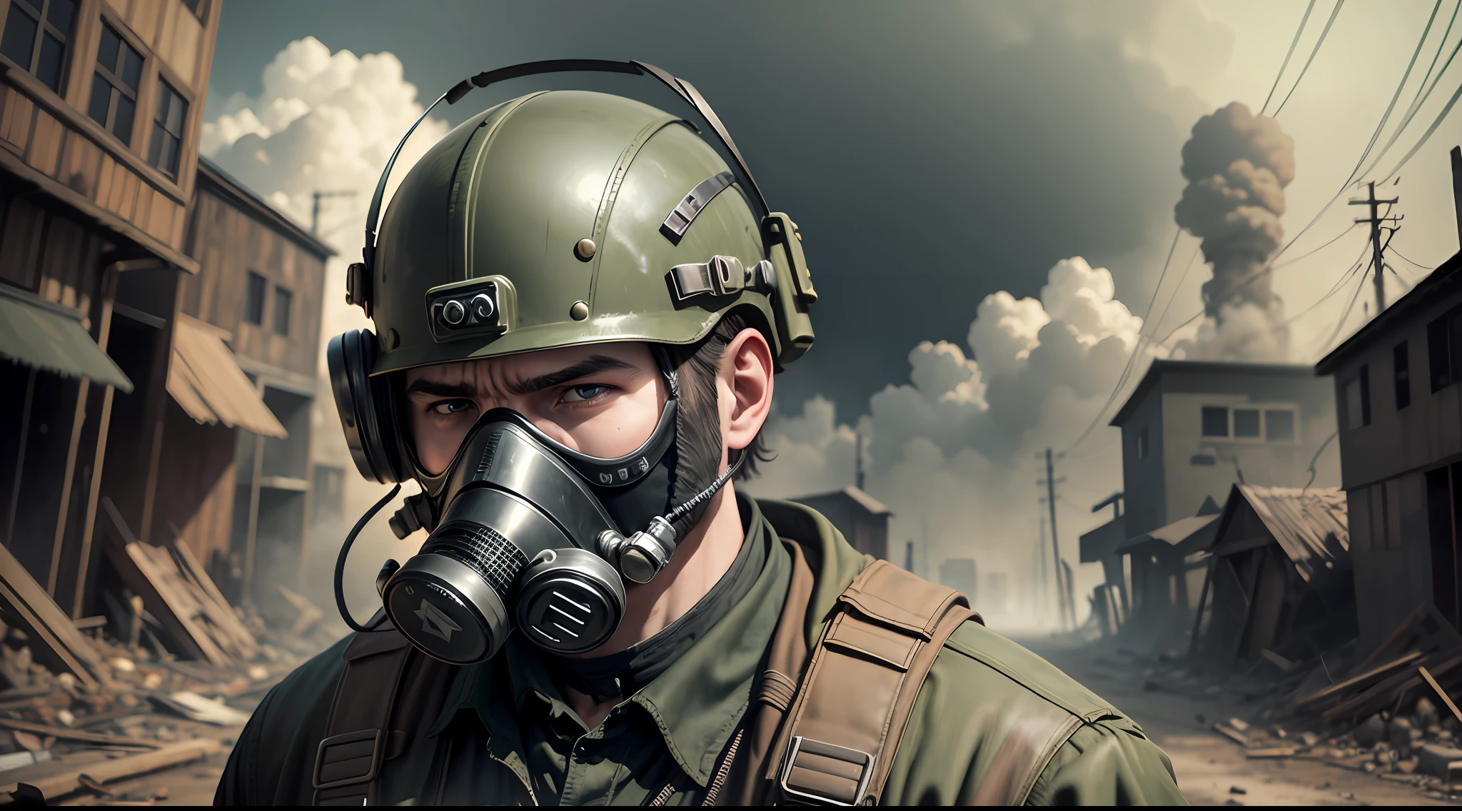 apocalyptic scenario, has a man with gas mask, in 4 k, ultra realistic and super realistic --auto --s2