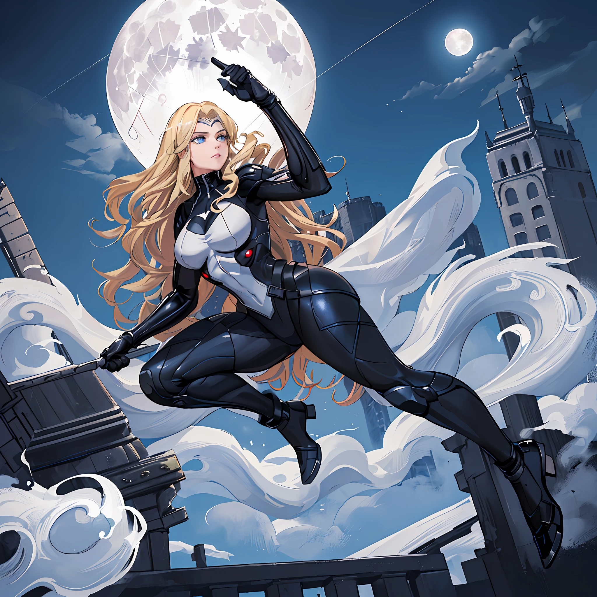 (Masterpiece, 4k resolution, ultra-realistic, very detailed), (White superhero theme, charismatic, there's a girl on top of town, wearing Absolute Comics white widow costume, she's a superhero), [ ((25 years), (long wavy blonde hair:1.4), full body, (blue eyes:1.2), ((black widow pose,show of strength, jump from one building to another), ((sandy urban environment):0.8)| (cityscape, at night, dynamic lights), (full moon))] # Explanation: The Prompt mainly describes a 4K painting of ultra-high definition, very realistic, very detailed. It shows a superheroine at the top of the city, wearing a white widow costume from Absolute Comics The theme in the painting is a white superhero theme, the female protagonist has long wavy blonde hair is 25 years old and her entire body is shown in the painting. In terms of portraying the actions of superheroines, spiders are slaves,details of a black symbiote in uniform,night,perfect body