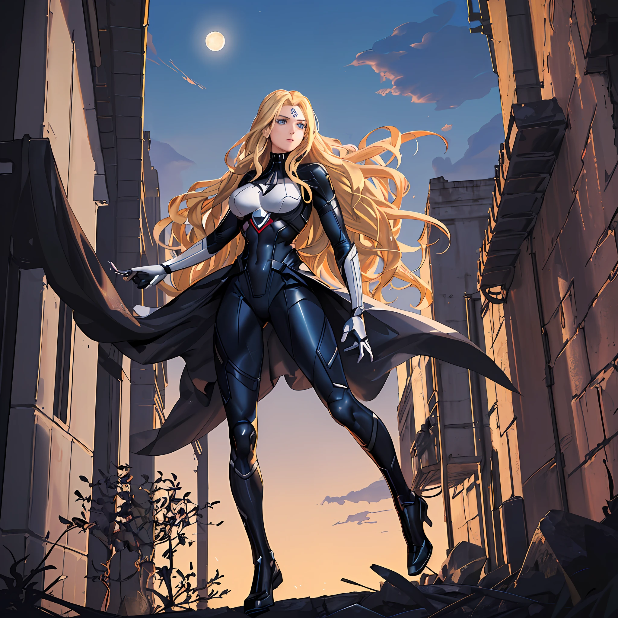 (Masterpiece, 4k resolution, ultra-realistic, very detailed), (White superhero theme, charismatic, there's a girl on top of town, wearing Absolute Comics white widow costume, she's a superhero), [ ((25 years), (long wavy blonde hair:1.4), full body, (blue eyes:1.2), ((black widow pose,show of strength, jump from one building to another), ((sandy urban environment):0.8)| (cityscape, at night, dynamic lights), (full moon))] # Explanation: The Prompt mainly describes a 4K painting of ultra-high definition, very realistic, very detailed. It shows a superheroine at the top of the city, wearing a white widow costume from Absolute Comics The theme in the painting is a white superhero theme, the female protagonist has long wavy blonde hair is 25 years old and her entire body is shown in the painting. In terms of portraying the actions of superheroines, spiders are slaves,details of a black symbiote in uniform,night,perfect body