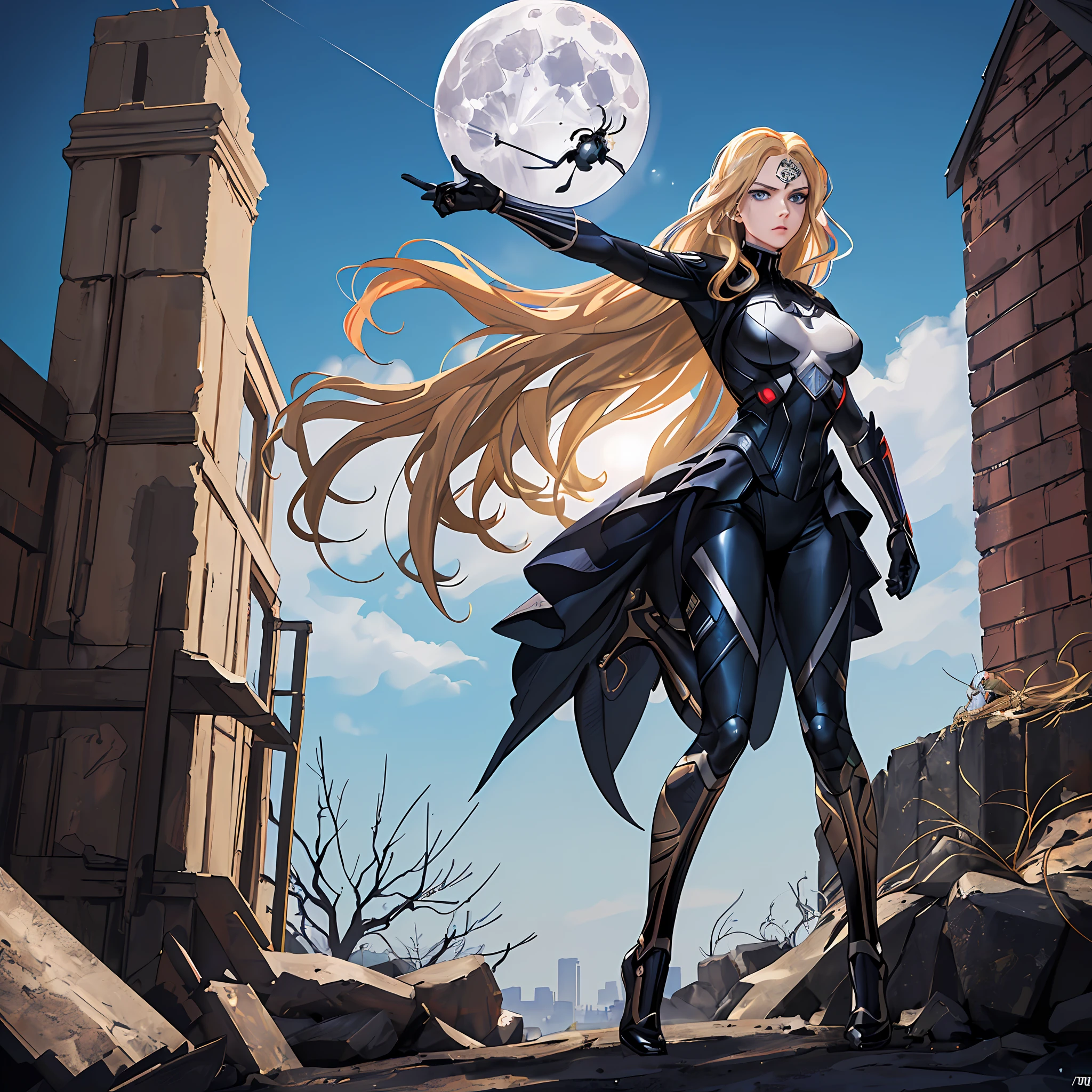 (Masterpiece, 4k resolution, ultra-realistic, very detailed), (White superhero theme, charismatic, there's a girl on top of town, wearing Absolute Comics white widow costume, she's a superhero), [ ((25 years), (long wavy blonde hair:1.4), full body, (blue eyes:1.2), ((black widow pose,show of strength, jump from one building to another), ((sandy urban environment):0.8)| (cityscape, at night, dynamic lights), (full moon))] # Explanation: The Prompt mainly describes a 4K painting of ultra-high definition, very realistic, very detailed. It shows a superheroine at the top of the city, wearing a white widow costume from Absolute Comics The theme in the painting is a white superhero theme, the female protagonist has long wavy blonde hair is 25 years old and her entire body is shown in the painting. In terms of portraying the actions of superheroines, spiders are slaves, details of a black symbiote in uniform