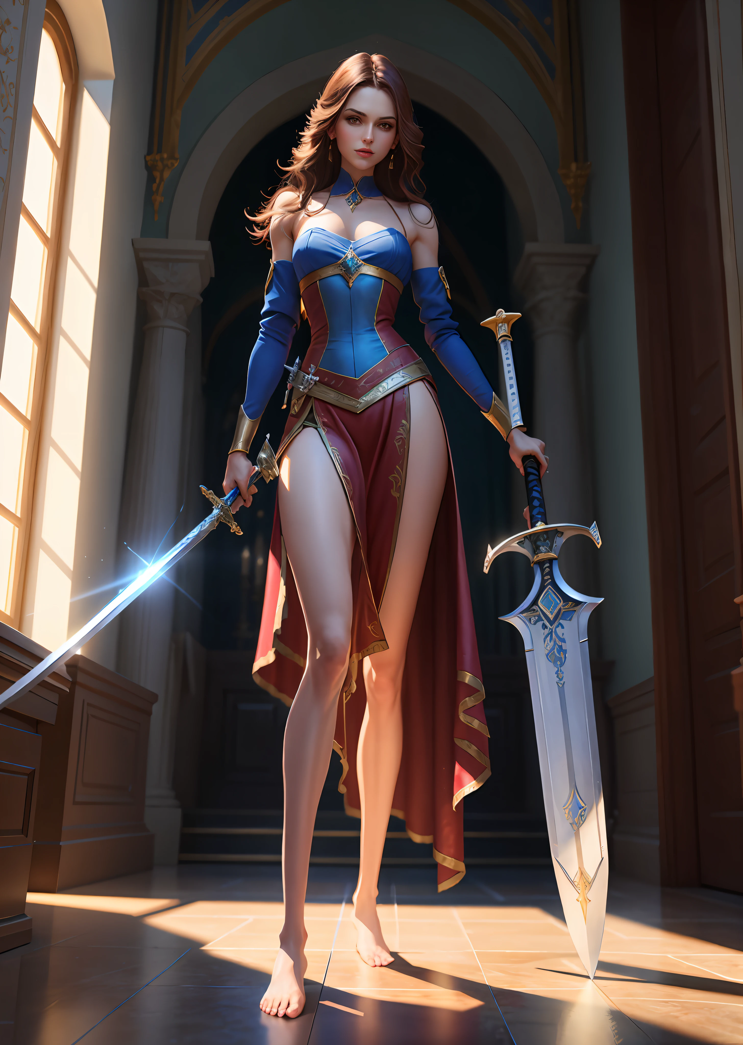 Beauty, take a sword, long legs, a sword, two legs, perfect legs, perfect feet, 8k, physical rendering, one hand holding a sword
