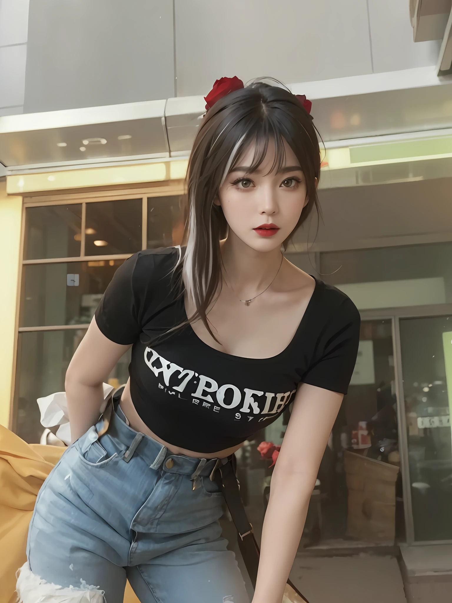1girl, Tokyo Street, Night, Cityscape, City Lights, Upper Body, Close Up, 8k, RAW Photo, Best Quality, Masterpiece, Realism, Realism, Red Rose Headdress, Split Bangs, Short Hair, Big Waves, White Hair Color, Lipstick,