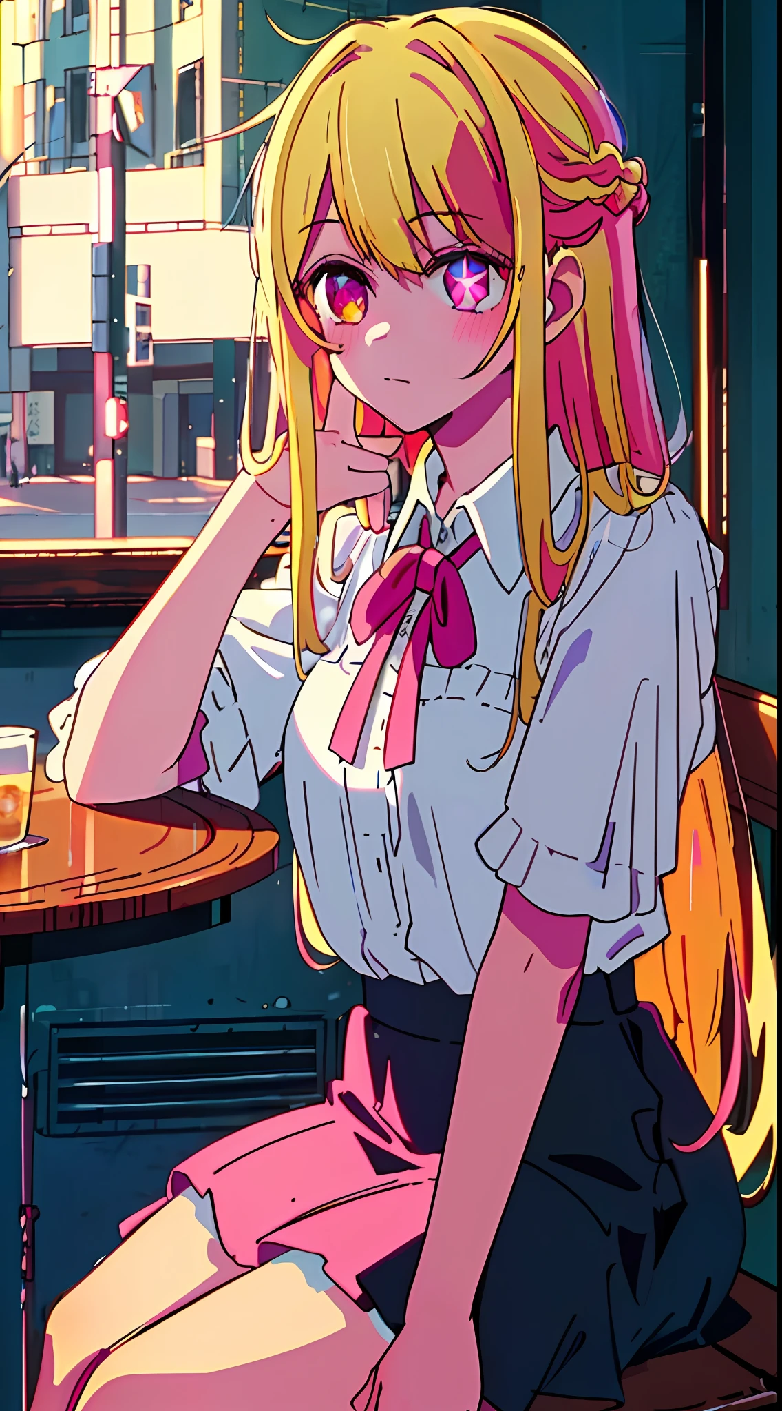 ((masterpiece,best quality,ultra detailed)),painterly,night,(pov across table),(arm support),(arm rest),by the window,1girl,blonde hair, long hair,distracted,sitting,collared shirt,cafe,looking away,neon lights,streetspace, pink eyes, star shaped eyes, star pupils