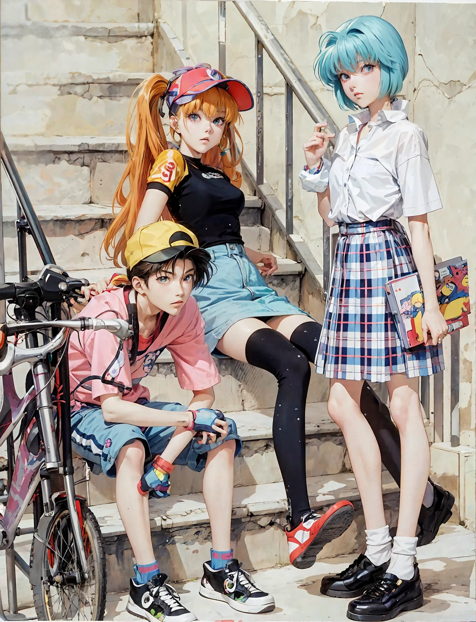 anime characters sitting on a set of stairs with a bicycle, 9 0 s anime style, 90s anime style, 9 0 s anime art style, early 90s cg, 90's anime, 9 0's anime, gainax anime style, evangelionic illustration, 90-s anime, 9 0 s anime, 90s anime