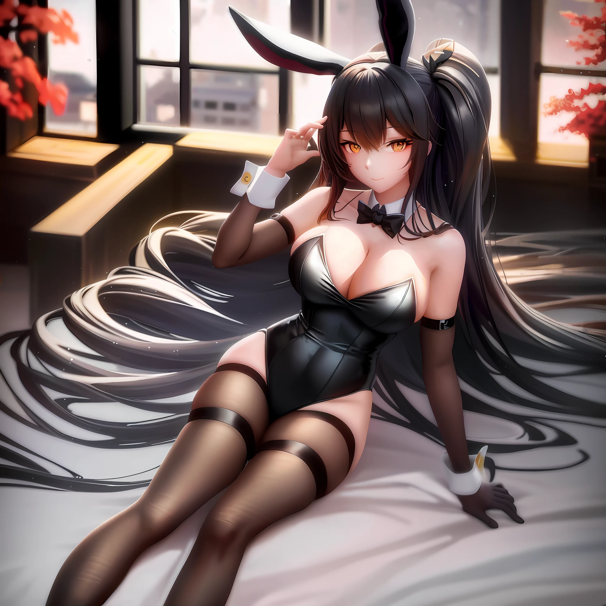 anime - style image of a woman in bunny ears sitting on a bed, bunny girl, from girls frontline, with bunny ears, trending on artstation pixiv, guweiz on pixiv artstation, seductive anime girl, azur lane style, from the azur lane videogame, fine details. girls frontline, bunny suit, digital art on pixiv