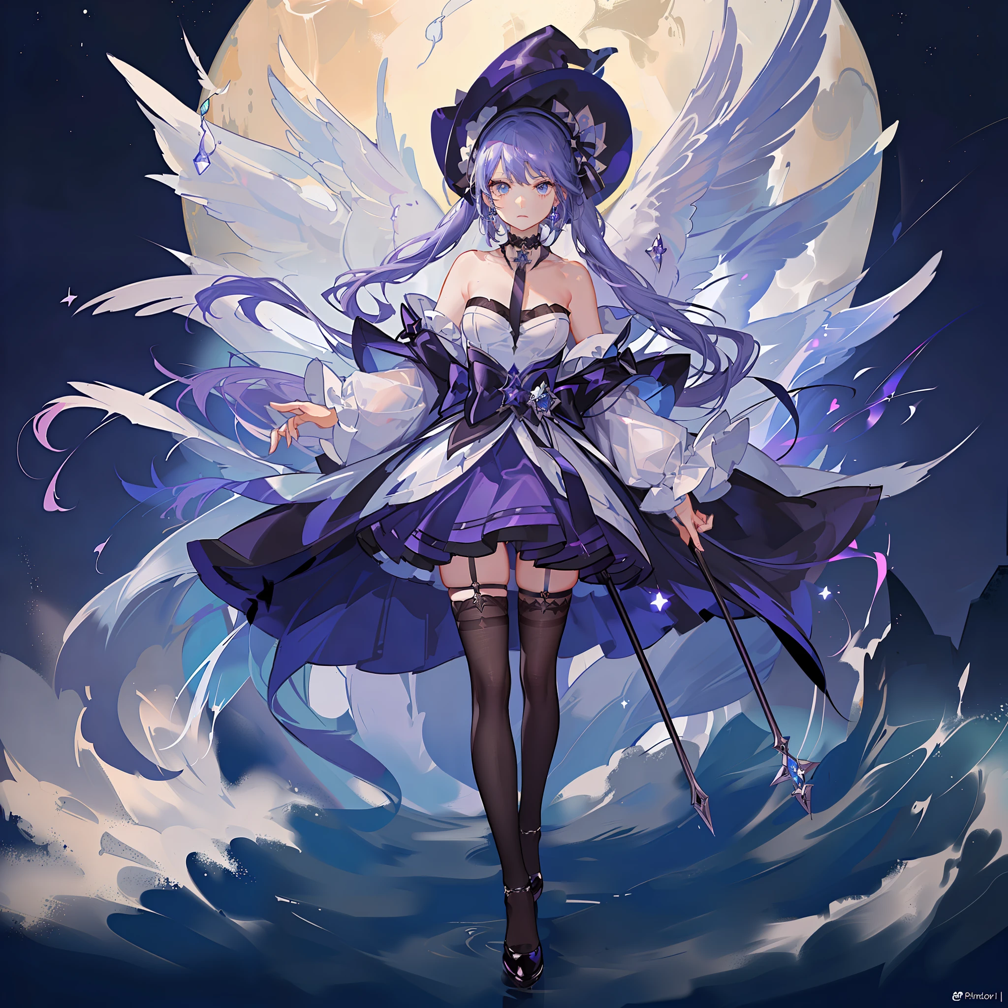 1girl, solo, 1girl, mona \(genshin impact\), maid, choker, hair between eyes, enmaided, star \(symbol\) hat, long hair, skirt, purple hair, looking at viewer, twintails, blue eyes, shining eyes, earrings, jewelry, purple skirt, black thighhighs, white shirt, witch, bangs, black footwear, scenery, night sky, star \(sky\), starry sky, night, outdoors, clouds, reflection, water, magic, tarot