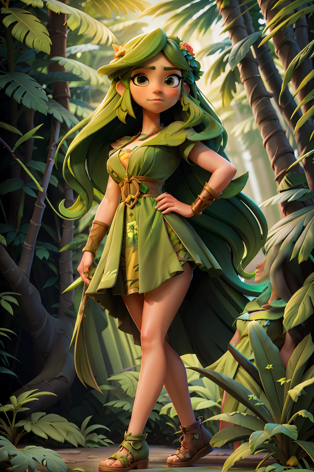 A beautiful woman standing in a jungle, wearing green dress, cleavage visible, thigh visible, legs visible, long hair, symmetrical face, freckles, depth of field, foliages