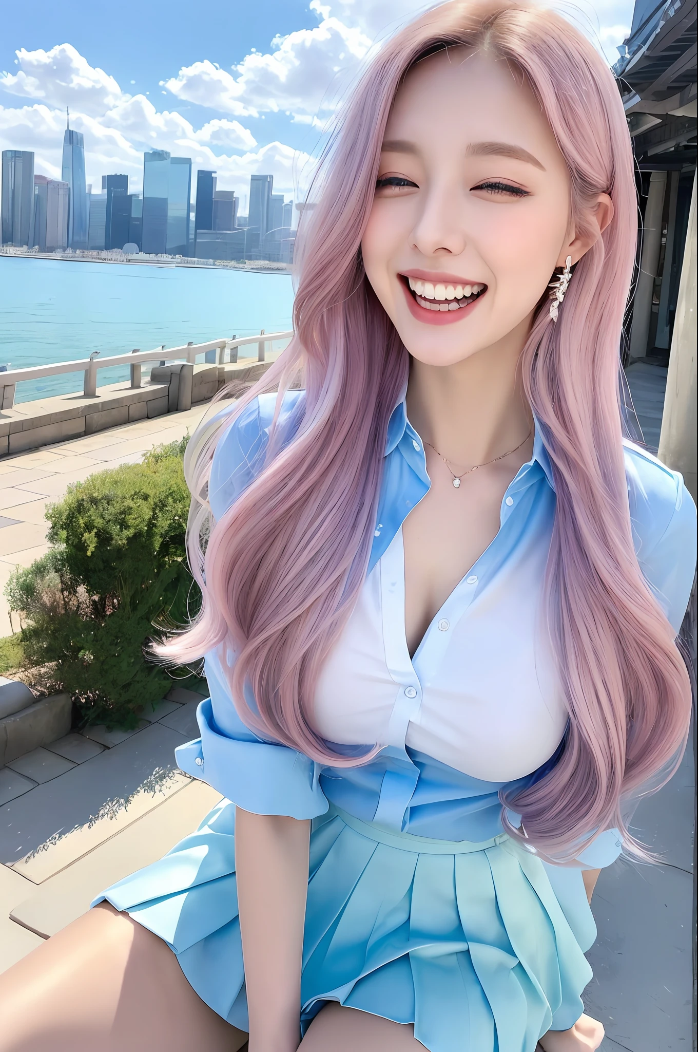 official art, masterpiece, sharp focus, (beautiful gorgeous cute korean woman:1.3), (beautiful cute korean woman:1.3), korean beauty, delicate and beautiful hair and eyes and face, realistic, super detailed, beauty Girl, blue sky, white shining particles, (side light: 1.2), sun, white clouds, fine clouds, slender, beautiful breasts and big buttocks, smile with teeth, ((laugh with eyes, open both eyes)) , scenery, long straight hair, sexy expression, buildings, (cityscape: 1.7), dynamic hair, straight long hair, fine platinum pink hair, sparkling blue eyes, (blue pleated shirt + white skirt), White long socks, white skin, hair ornaments, majestic scenery,