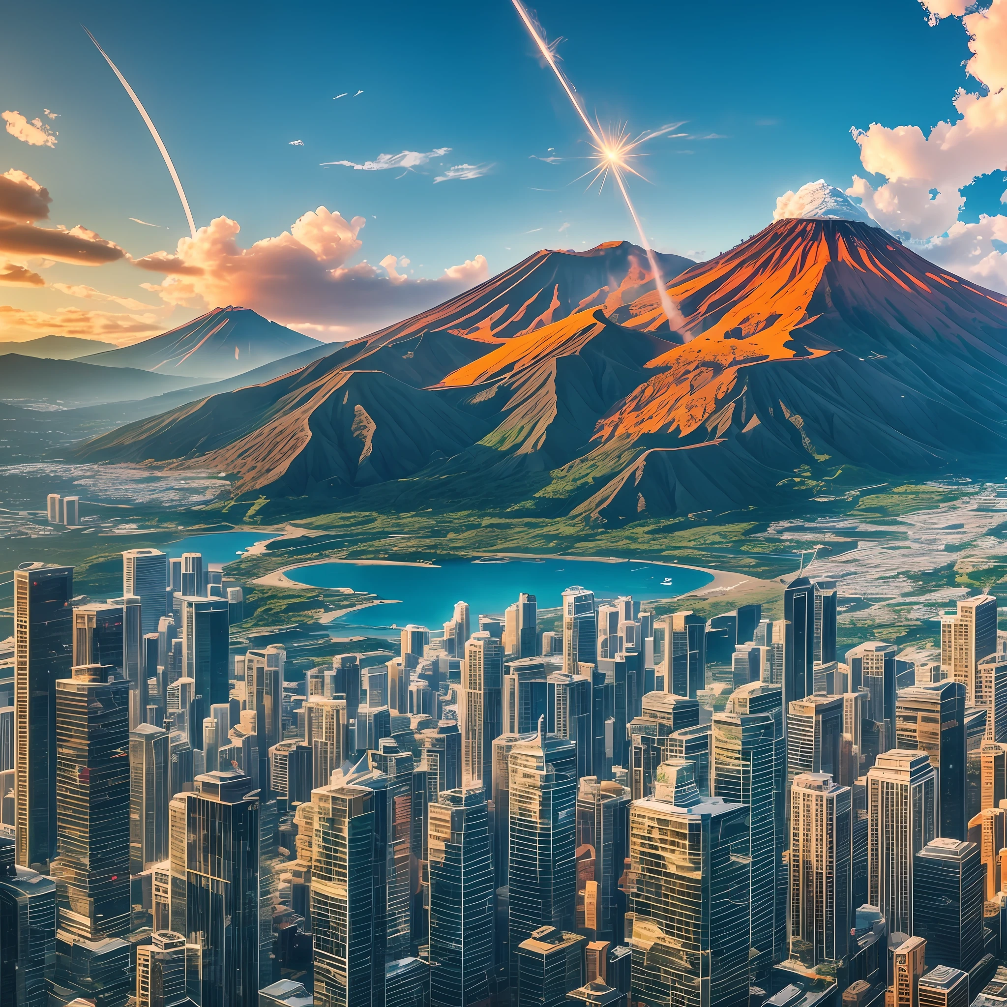 Realistic fantasy, detail, realism, computer clarity, 8kk, dormant volcano, (ultra-high detail volcano), fiery waterfall, frozen lava, shore in soot, glass bridge, wind (high ultra-clarity, detail of nature), in the rock city (ultra-high detail of the city), (glass high-rise buildings), streets, glass dome over the city, many people --auto --s2