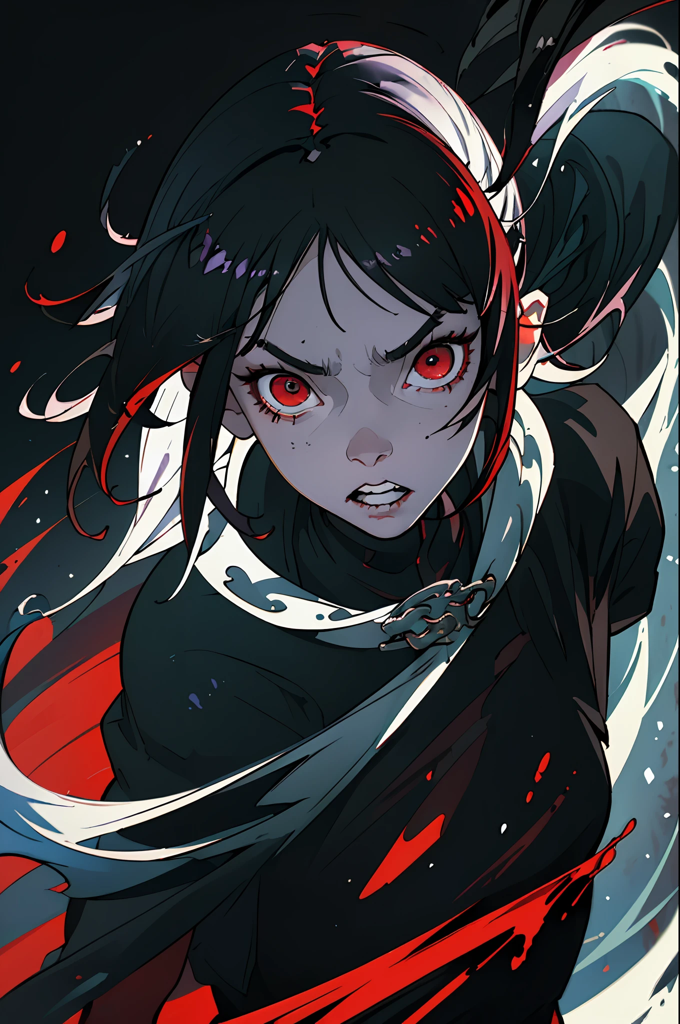 (masterpiece, high quality:1.4), (kaneki ken, black hair, (white hair), red and black eye, mask | teeth, blood eyes, black clothes, scorpio tentacles), blood, ((full body)), (dynamic pose),close up shot, black background, thrilling, (fierce face), powerful aura, glowing red eye,blood tentacles,kagune powers,8k,64k, HD, unparalleled masterpiece, dynamic lighting, cinematic, epic, highest quality digital art