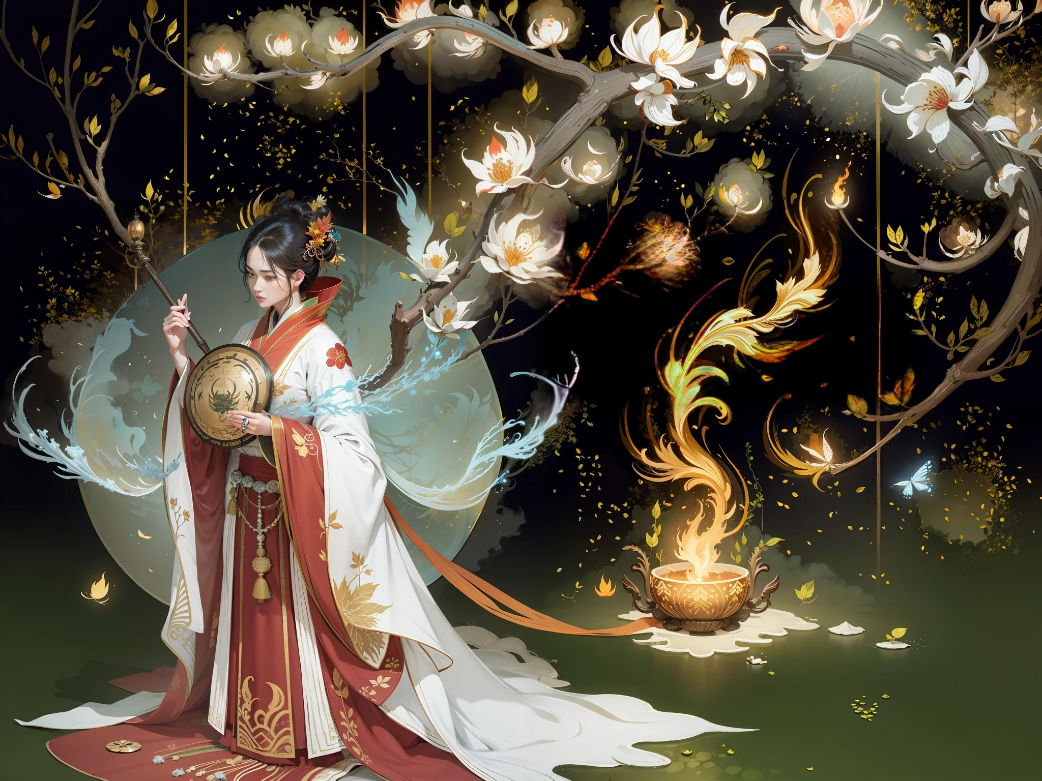 Masterpiece, best quality, a beautiful woman, ancient Chinese imperial robe, majestic domineering, graceful standing, phoenix eyes, phoenix feathers, sunshine, clear face, masterpiece, super detail, movie composition, ultra hd, high quality, extremely detailed, official art, uniform 8k wallpaper, super detail, (very detailed CG unity 8k wallpaper), (best quality), (best illustration), (best shadow), UI interface border design with natural elements forest theme. Avatar frame designed as round, surrounded by delicate leaves and branches, with fireflies and glowing particle effects, (UI interface box design), (natural elements), (jungle theme), (square), (leaves), (branches), (fireflies), butterflies, (delicate leaves), (glow), (particle effects), isometric 3D, Octane rendering, ray tracing, super detailed