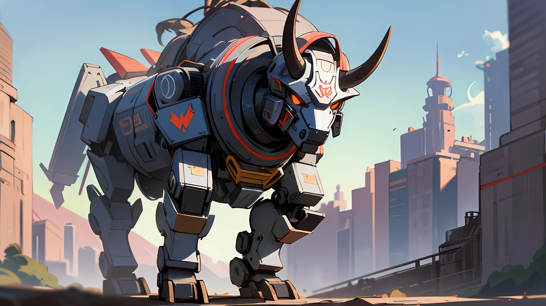 A closeup of a robot bull with a big horn, Black Bull, moon bull i, Animal Robot, animal mecha, futuristic robot devil, Bull, stylized cyberpunk minotaur logo, Minotaur in ancient armor, Minotaur at the beginning Path of Exile, Minotaur, Transformers Movie Style Tech, in the valley at the beginning of your walk before the mountain --auto --s2