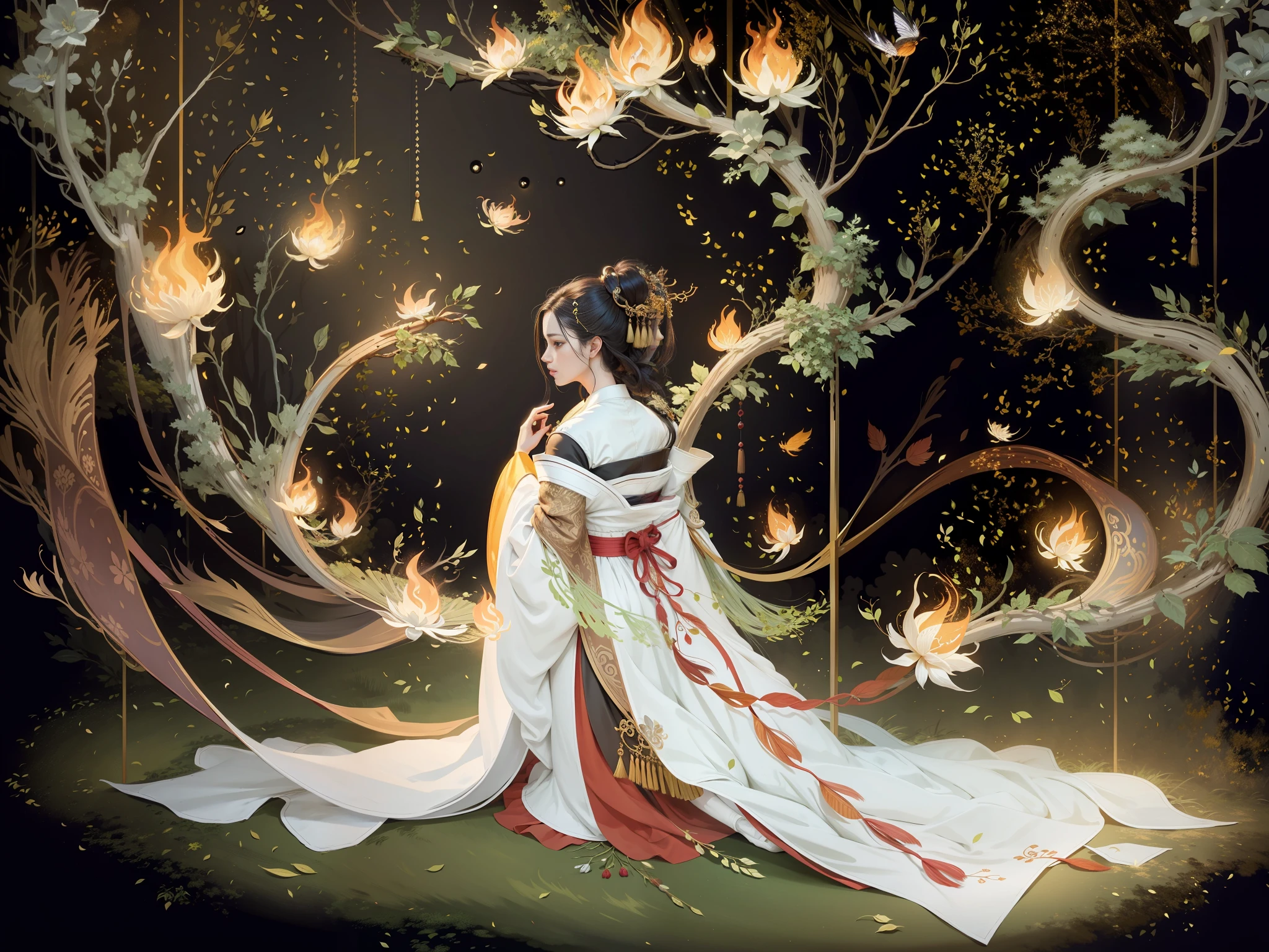 Masterpiece, best quality, a beautiful woman, ancient Chinese imperial robe, majestic domineering, graceful standing, phoenix eyes, phoenix feathers, sunshine, clear face, masterpiece, super detail, movie composition, ultra hd, high quality, extremely detailed, official art, uniform 8k wallpaper, super detail, (very detailed CG unity 8k wallpaper), (best quality), (best illustration), (best shadow), UI interface border design with natural elements forest theme. Avatar frame designed as round, surrounded by delicate leaves and branches, with fireflies and glowing particle effects, (UI interface box design), (natural elements), (jungle theme), (square), (leaves), (branches), (fireflies), butterflies, (delicate leaves), (glow), (particle effects), isometric 3D, Octane rendering, ray tracing, super detailed