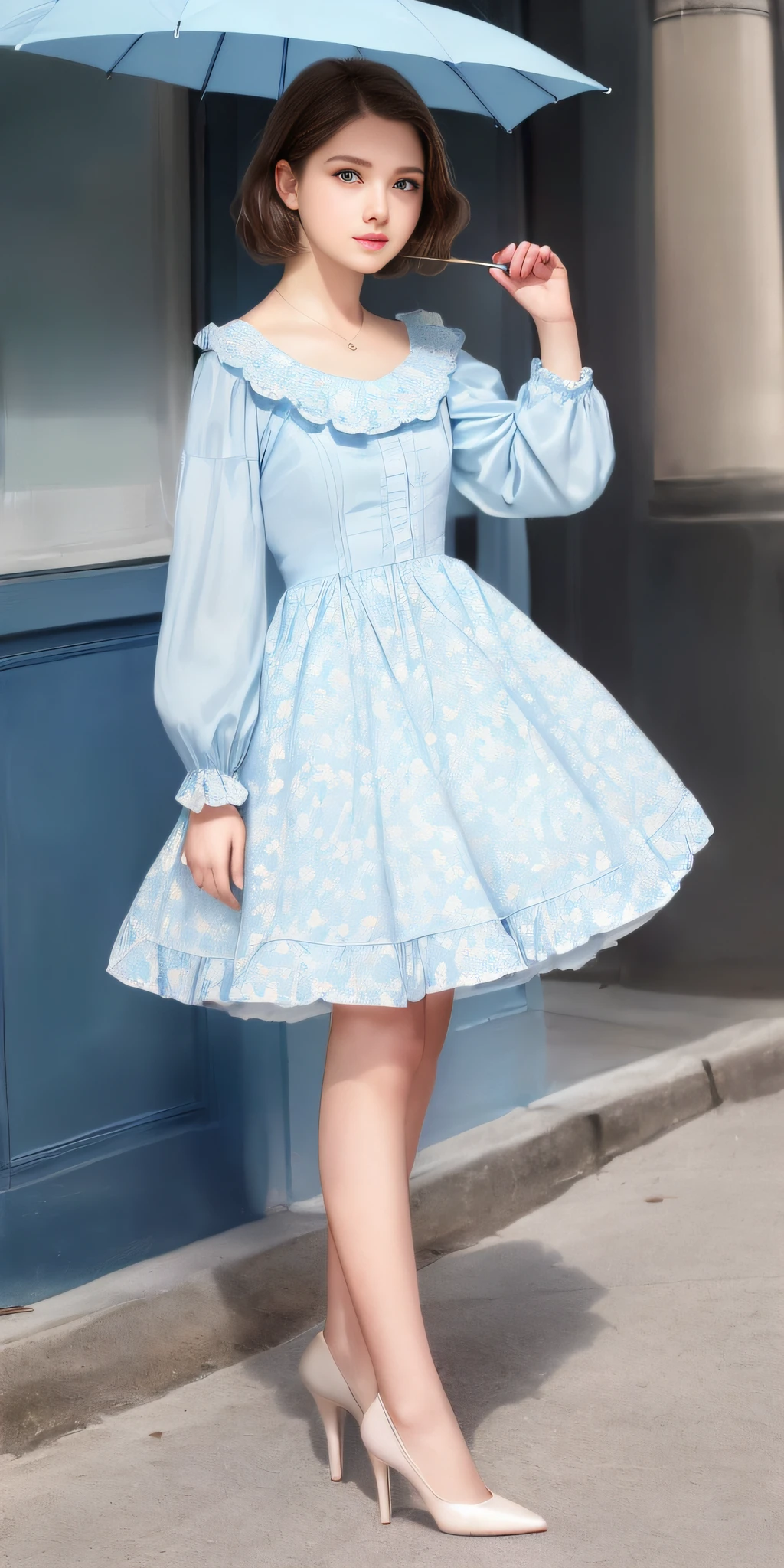 (light blue, Sweet Lolita: 1.2), (flower print: 1.2), (white long sleeves), leather shoes, 1 girl, full body, high heels, (short hair: 1.1), (realistic: 1.7), (best quality)), ridiculous, (ultra high resolution), (realistic: 1.6), realistic, octane rendering, (surreal: 1.2), (realistic face: 1.2), (8k), (4k), (masterpiece), (realistic skin texture), (illustration, movie lighting), (beautiful eyes: 1.2), (perfect face)))), (cute), (standing), (brunette hair), (short hair), dark eyes, red lips, (street),