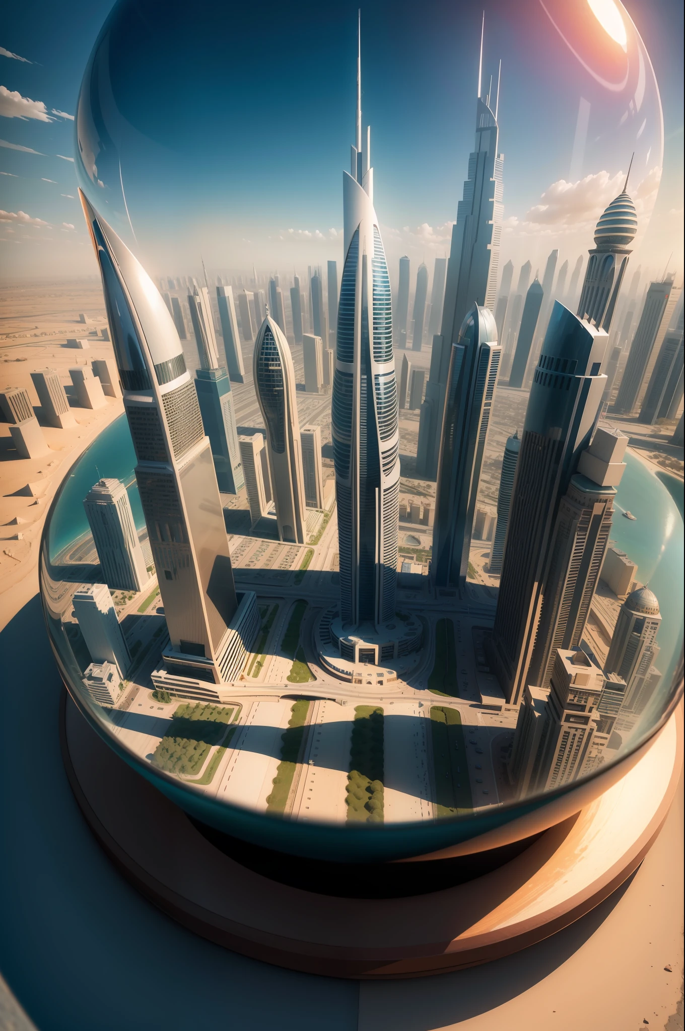 mini\(ttp\), (8k, RAW photo, best quality, masterpiece:1.2), colorful background, clean background, depth of field, city, high building, miniature, landscape, isometric,in Crystal ball, 16:9, dubai