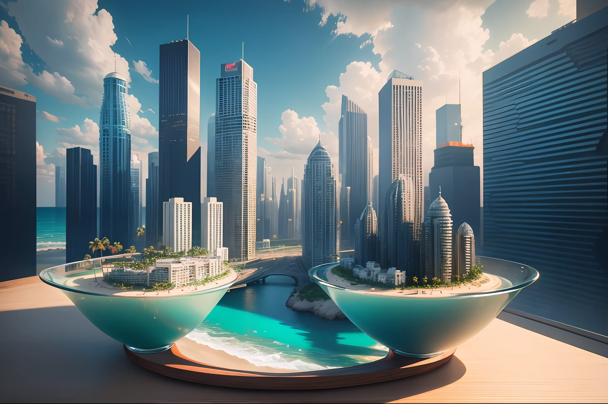 mini\(ttp\), (8k, RAW photo, best quality, masterpiece:1.2), cyberpunk city, isometric, miniature, landscape, glass bowl, beach, waves, palm trees