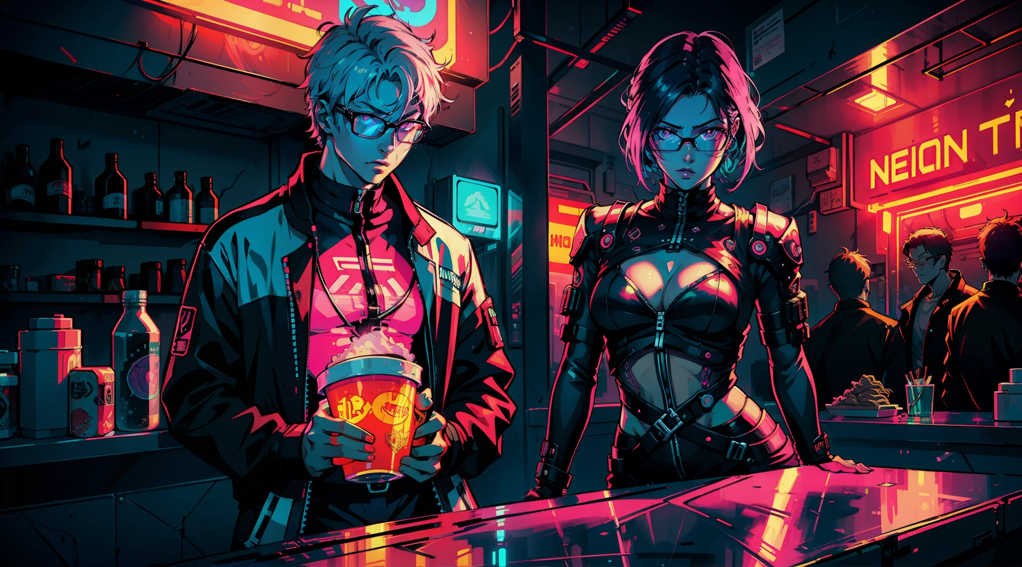 Femme magnifique ( néon cyberpunk ), neon songs, cyberpunk city, ramen shop, high detail, high quality, neon lights, standing guy and girl with glasses