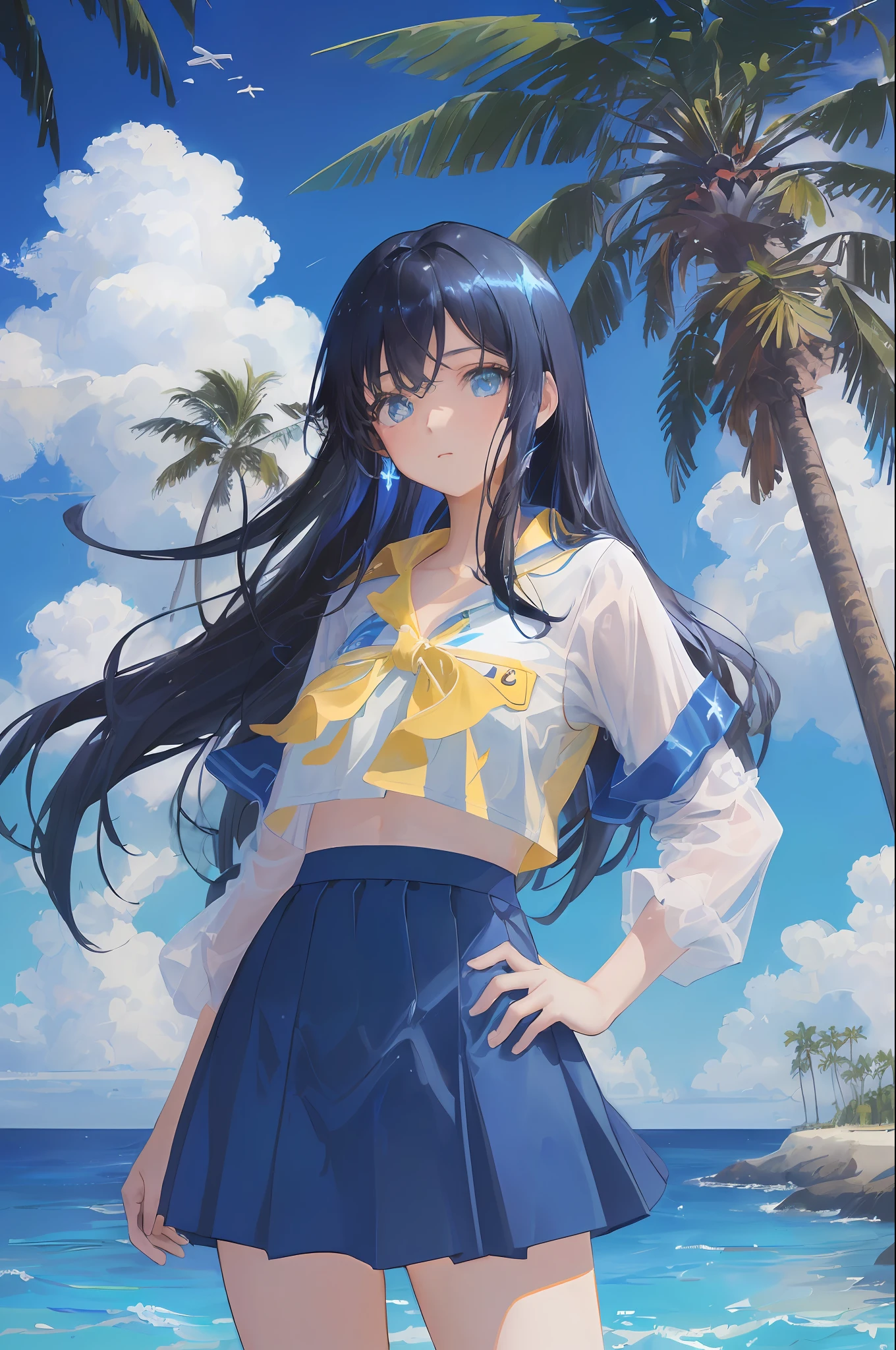 art by Cornflower, dreamy, (A beautiful, teenaged, anime-style girl with blue eyes and long, black hair, wearing a pale yellow, shiny, long-sleeved, open-chest, long skirt swimming suit with a pink, white, and yellow, heart on it is posing with her hands on her hips, in front of a beach and a bright, blue sky with clouds in it, there are palm trees in the background on both sides of the picture, and there are lots of blue and yellow fish swimming in the ocean, and there is a police helicopter with lights on it flying over the girl)
