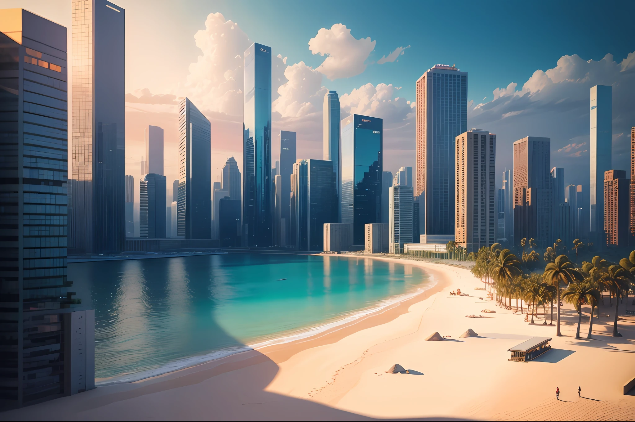 mini\(ttp\), (8k, RAW photo, best quality, masterpiece:1.2), cyberpunk city, isometric, miniature, landscape, glass bowl, beach, waves, palm trees