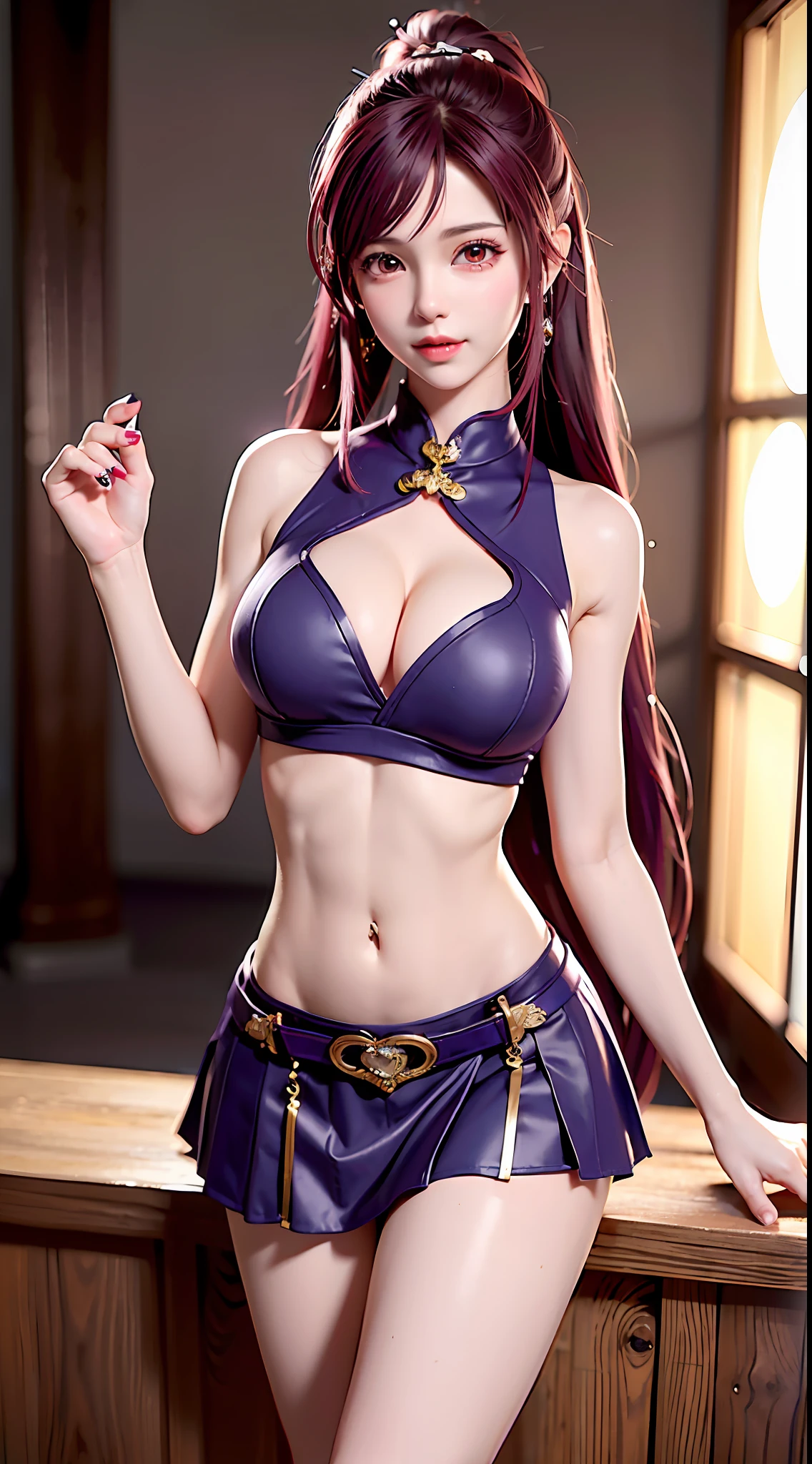 (The tail end is heart-shaped 💟 A purple haired girl with a long ponytail hairstyle and a seductive charm (with a red seductive tattoo on her lower abdomen), a transparent super tight and low waisted mini skirt, (with a super low waist), a full body photo, hands raised above her head, a sexy girl with a sexy, happy smile, blushing, shy, (with a revealing lower abdomen), a charming expression, a frown of disgust, a red seductive tattoo, a purple haired girl with a long ponytail hairstyle, Transparent top, oversized bust, oversized bust, Charm, ((with red Charm tattoo on the lower abdomen), transparent super tight and low waisted mini skirt, (with ultra-low waist), full body photo, hands raised above the head, sexy girl, sexy, happy smile, blushing, shy, (with revealing lower abdomen), charming expression, disgusted frown, (with eye details portrayed), sexy long legs, slim waist, sweat droplets on the waist, (with sexy vest line), (Revealing his lower abdomen), crouching with his legs o