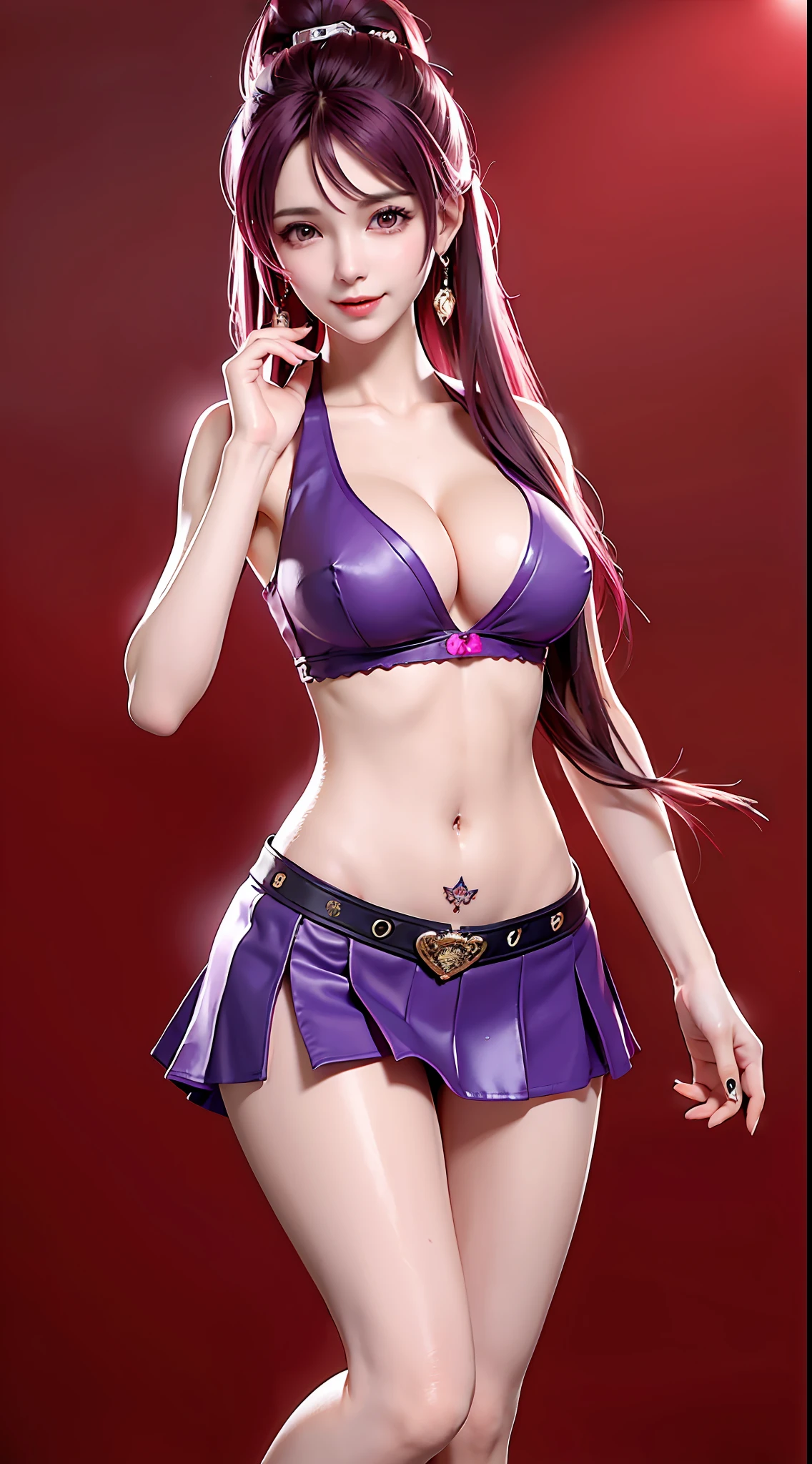 (The tail end is heart-shaped 💟 A purple haired girl with a long ponytail hairstyle and a seductive charm (with a red seductive tattoo on her lower abdomen), a transparent super tight and low waisted mini skirt, (with a super low waist), a full body photo, hands raised above her head, a sexy girl with a sexy, happy smile, blushing, shy, (with a revealing lower abdomen), a charming expression, a frown of disgust, a red seductive tattoo, a purple haired girl with a long ponytail hairstyle, Transparent top, oversized bust, oversized bust, Charm, ((with red Charm tattoo on the lower abdomen), transparent super tight and low waisted mini skirt, (with ultra-low waist), full body photo, hands raised above the head, sexy girl, sexy, happy smile, blushing, shy, (with revealing lower abdomen), charming expression, disgusted frown, (with eye details portrayed), sexy long legs, slim waist, sweat droplets on the waist, (with sexy vest line), (Revealing his lower abdomen), crouching with his legs o