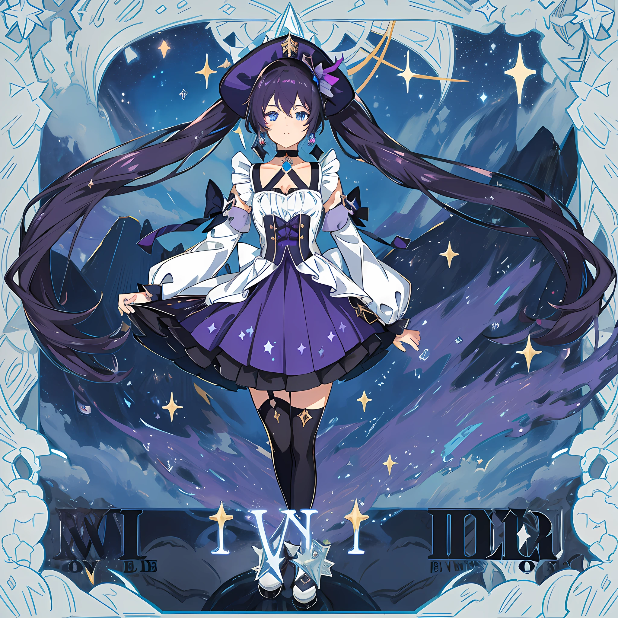 1girl, solo, 1girl, Mona \(Genshin Impact\), maid, choker, hair between eyes, star \(symbol\), hat, long hair, skirt, dark purple hair, looking at the viewer, twintails, blue eyes, shining eyes, earrings, jewelry, purple skirt, black stockings, white shirt, witch, bangs, black shoes, landscape, night sky, star \(sky\), starry sky, night, outdoor, clouds, reflection, water, magic, tarot