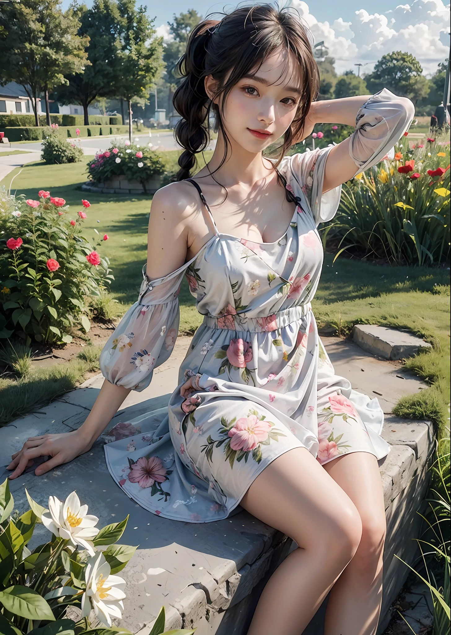 Masterpiece, best quality, (2girls), 18-year-old woman,  cute adorable beautiful girl, (flat chest),  petite, short  black pigtails, porcelain skin,  smile, happy, looking at viewer, 
beautiful floral print dress,

sitting down  in the grass , beautiful public park , flowers bushes and trees, v arms, cowbow shot,
photorealistic, photo, photorealism,  photorealistic digital art trending on Artstation 8k HD high definition detailed realistic, detailed, skin texture, hyper detailed, realistic skin texture, armature, best quality, ultra high res, photorealistic,, high resolution, detailed, raw photo,