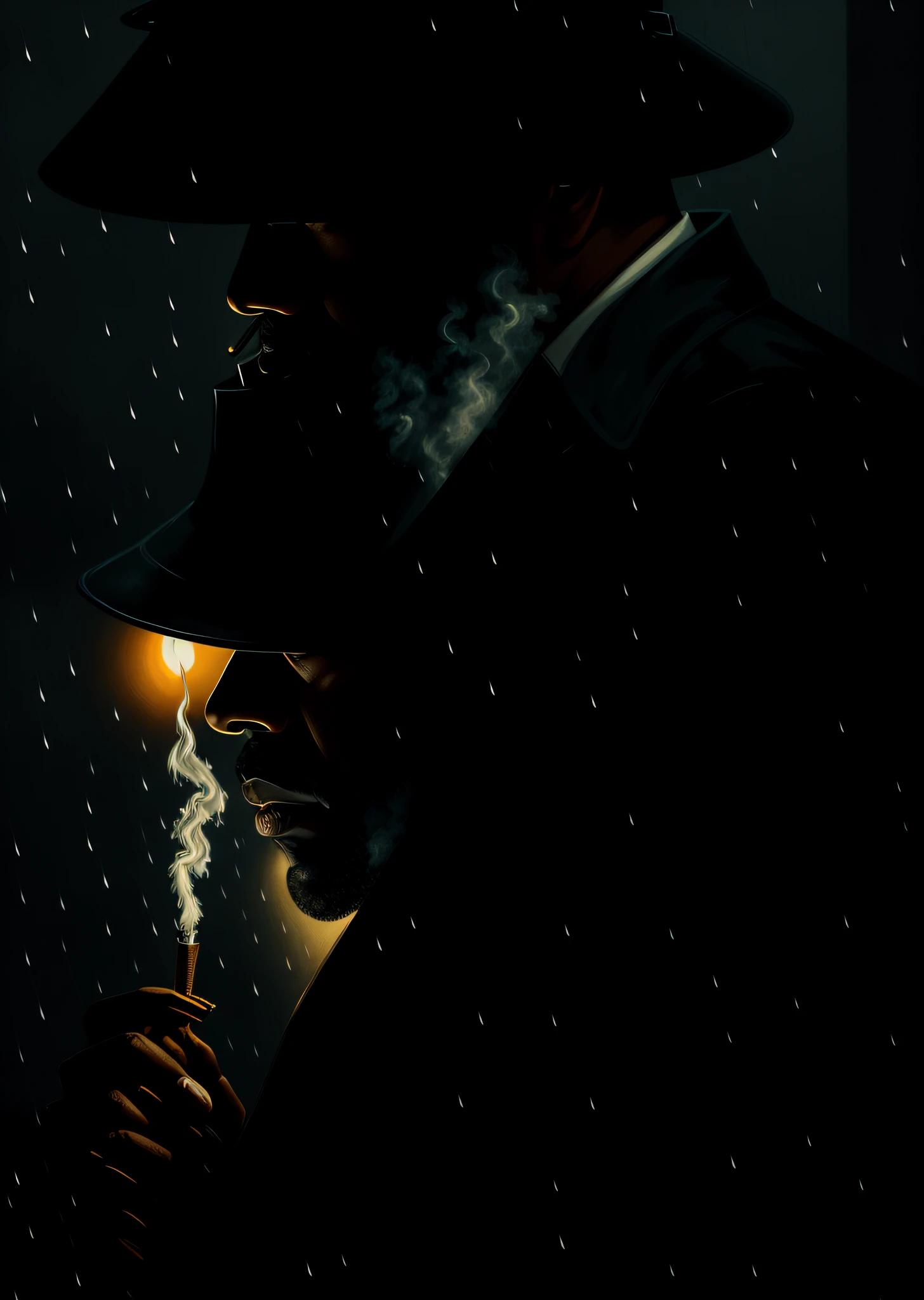 (quick painting)+ portrait of a black detective smoking a cigarette in the rain, after hours, dark, raining, film noir, wallpaper, UHD, professional, written layore