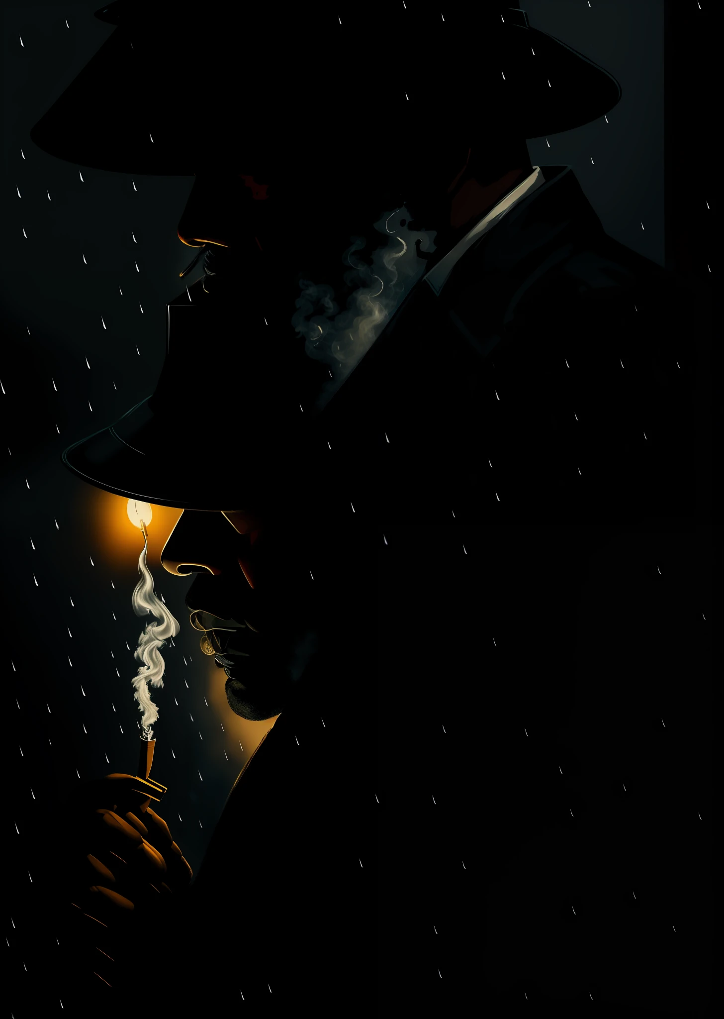 (quick painting)+ portrait of a black detective smoking a cigarette in the rain, after hours, dark, raining, film noir, wallpaper, UHD, professional, written layore