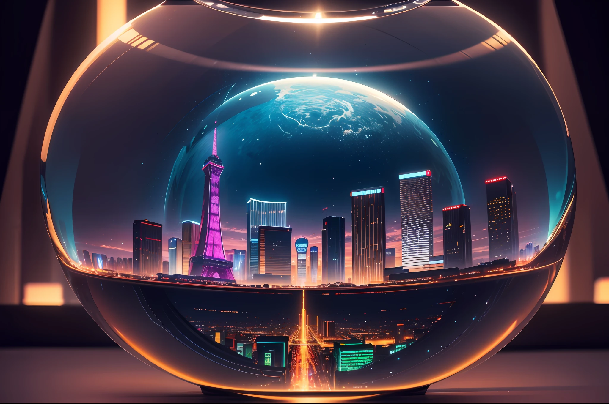 mini\(ttp\), (8k, RAW photo, best quality, masterpiece:1.2), cyberpunk city, miniature, landscape, isometric, ((inside a glass sphere)), ((plain wall in the background)), las vegas, neon