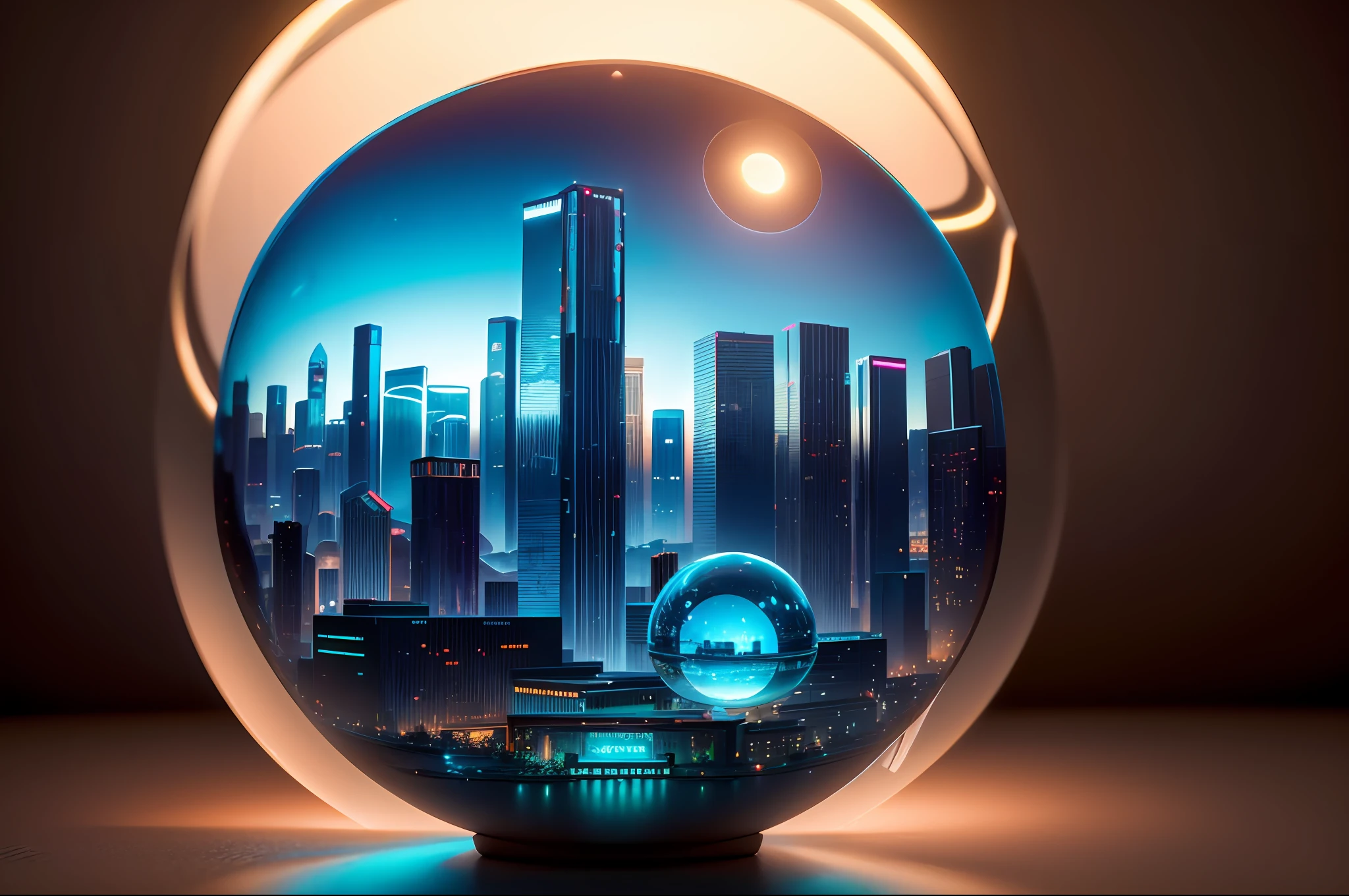 mini\(ttp\), (8k, RAW photo, best quality, masterpiece:1.2), cyberpunk city, miniature, landscape, isometric, ((inside a glass sphere)), ((plain wall in the background)), las vegas, neon