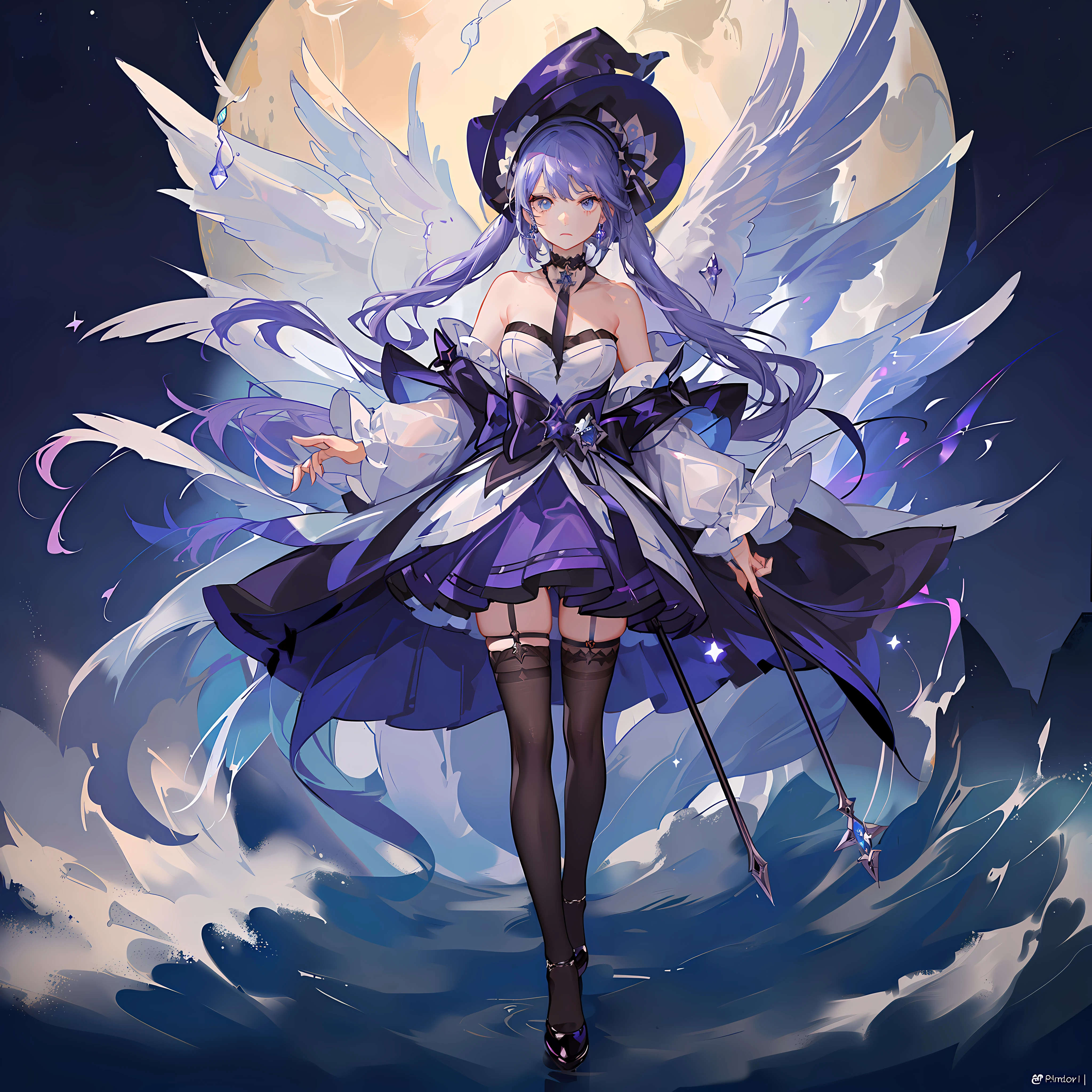 1girl, solo, 1girl, mona \(genshin impact\), maid, choker, hair between eyes, enmaided, star \(symbol\) hat, long hair, skirt, purple hair, looking at viewer, twintails, blue eyes, shining eyes, earrings, jewelry, purple skirt, black thighhighs, white shirt, witch, bangs, black footwear, scenery, night sky, star \(sky\), starry sky, night, outdoors, clouds, reflection, water, magic, tarot