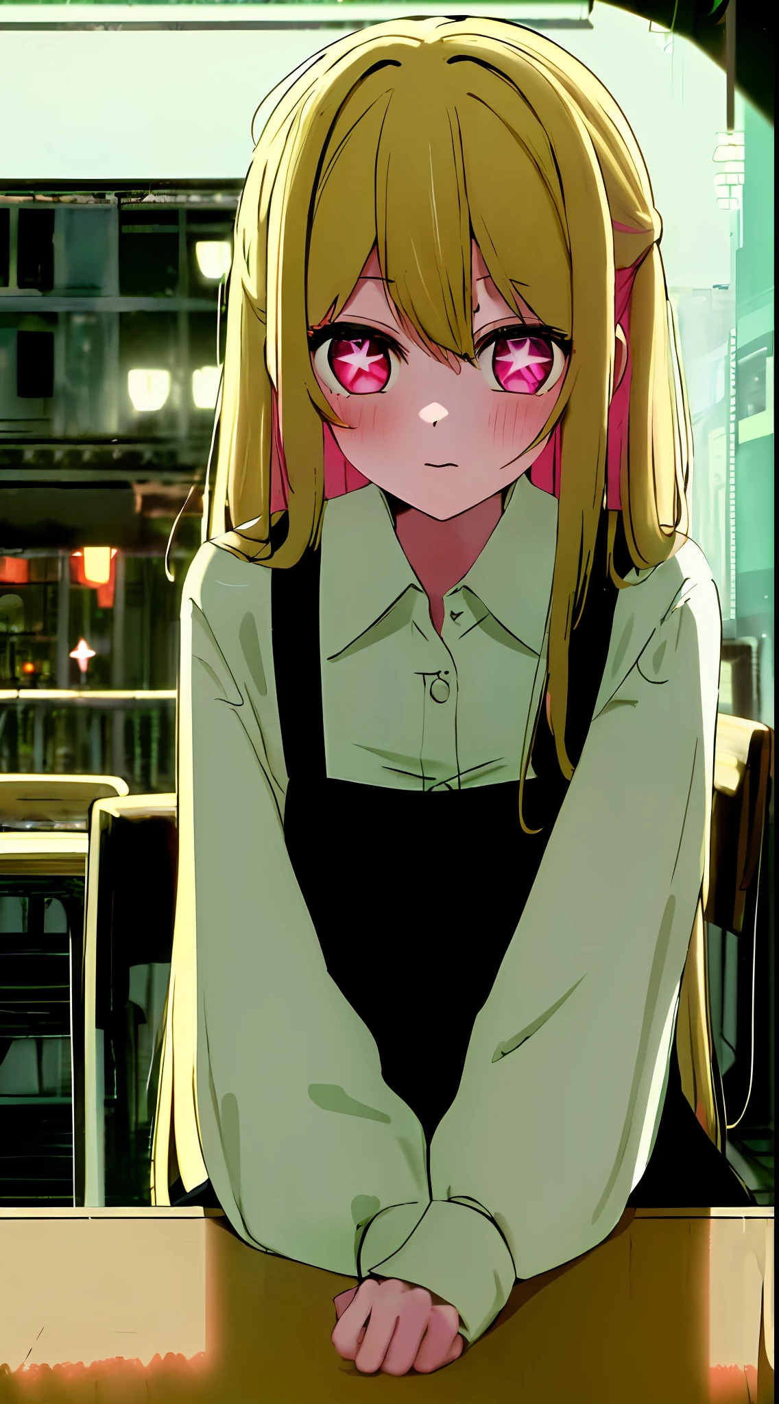 ((masterpiece,best quality,ultra detailed)),painterly,night,(pov across table),(arm support),(arm rest),by the window,1girl,blonde hair, long hair,distracted,sitting,collared shirt,cafe,looking away,neon lights,streetspace, pink eyes, star shaped eyes, star pupils, star shaped left eye