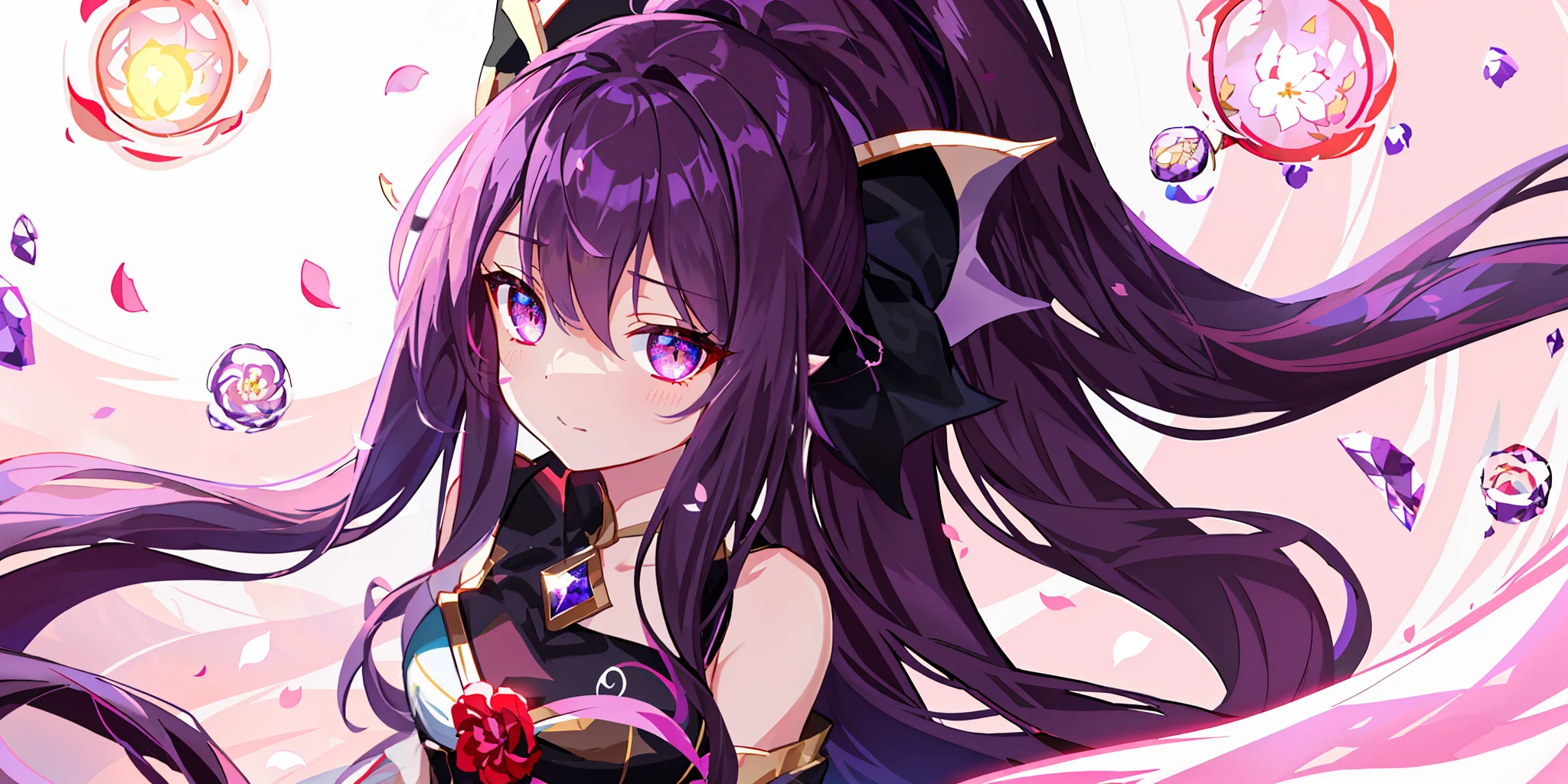 chibi,(extremely detailed CG unity 8k wallpaper),(masterpiece),(best quality),(ultra-detailed),(best illustration),(best shadow),(an extremely delicate and beautiful),dynamic angle,floating,finely detail,(bloom),(shine),glinting stars,classic,(painting),(sketch),a girl,(((dragon girl))),dragon horn,vertical pupil,solo,bare shoulders,medium_chest,diamond and glaring eyes,beautiful detailed joyful face,very long  black and purple hair,floating black feathers,wavy hair,long and high ponytail,extremely delicate and beautiful girls,beautiful detailed eyes,pink eyes,glowing eyes,sparkles,((petals)),dragon background,(((water))),glass fragments,white background