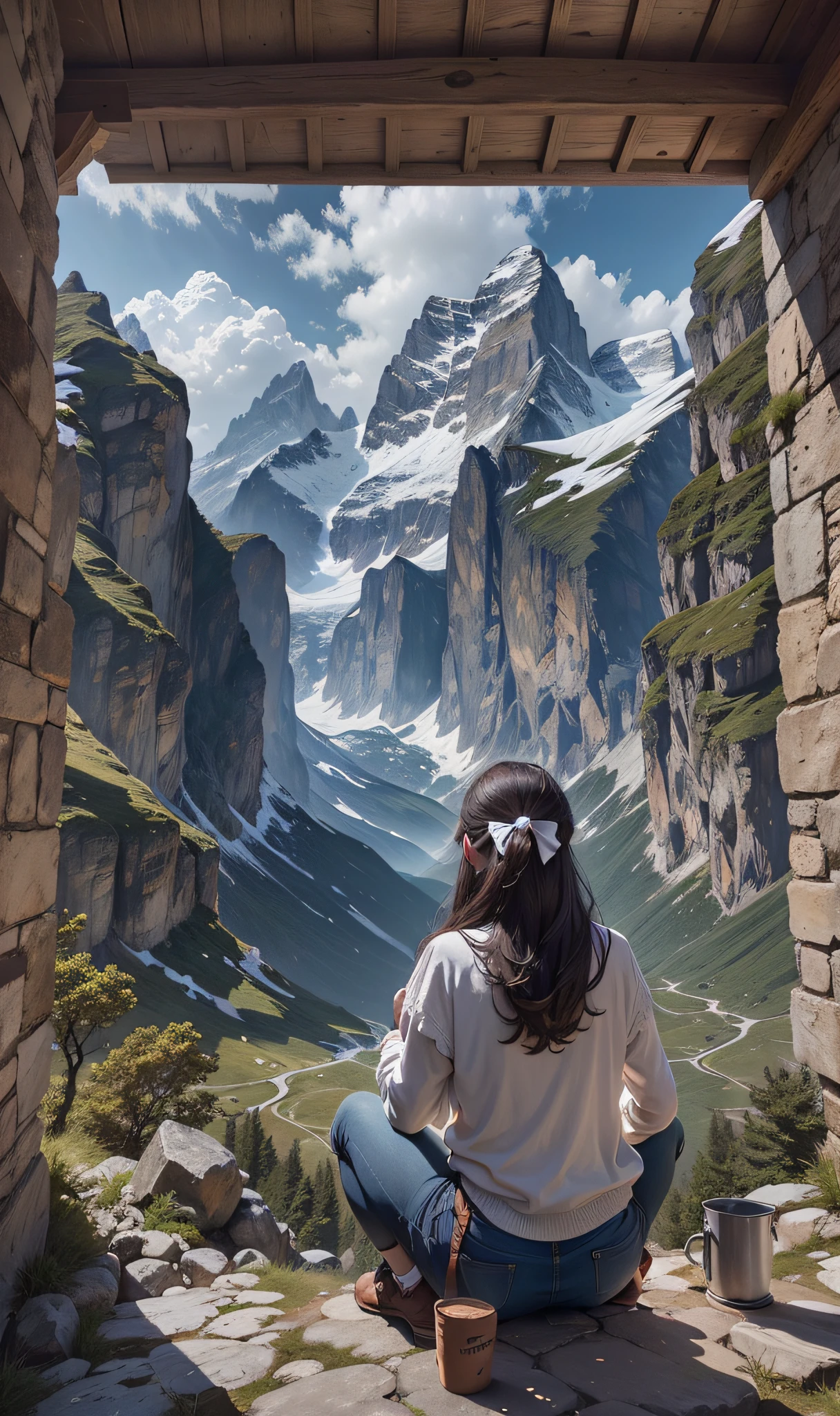 There is a woman sitting on a stone floor looking at a mountain, in the Swiss Alps, Alpine girl, looking at the mountain, on the mountain, Swiss Alps, matte portrait shot, high mountain, blue sky, clouds, epic mountains in background, houses, trees, Jessica Rosier fantasy art, on the mountain, mountain in the background, Pexels competition winner