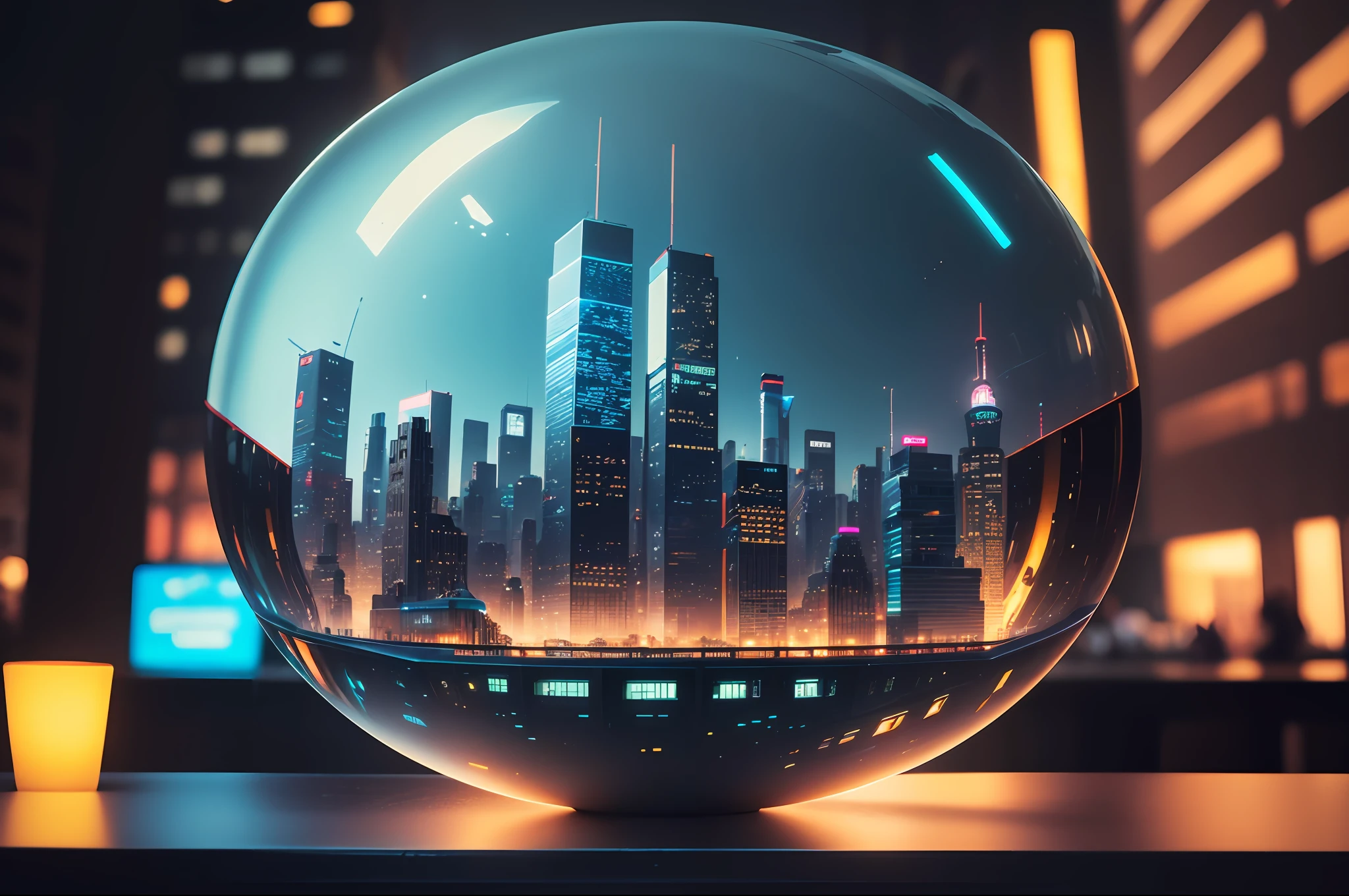 mini\(ttp\), (8k, RAW photo, best quality, masterpiece:1.2), cyberpunk city, miniature, landscape, isometric, ((inside a glass sphere)), ((plain wall in the background)), new york, neon